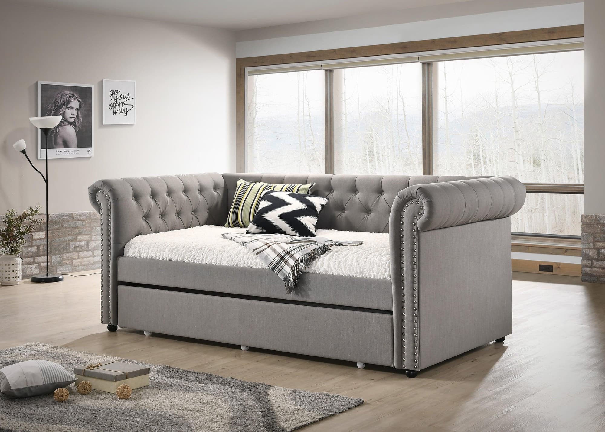 Ellie Dove Gray Fabric Tufted Trundle Daybed