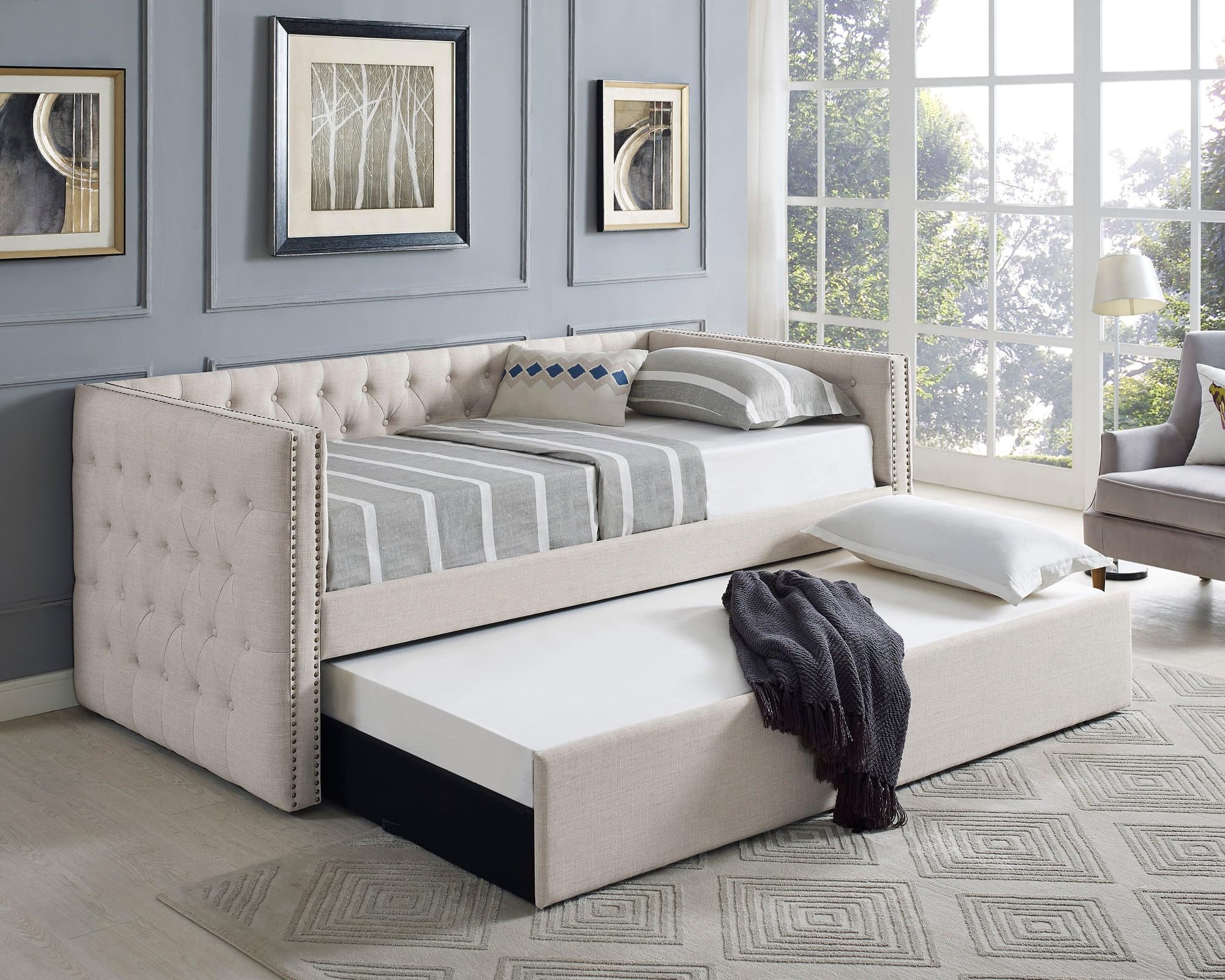 Trina Ivory Chalk Fabric Upholstered Trundle Tufted Twin Daybed - Image 1