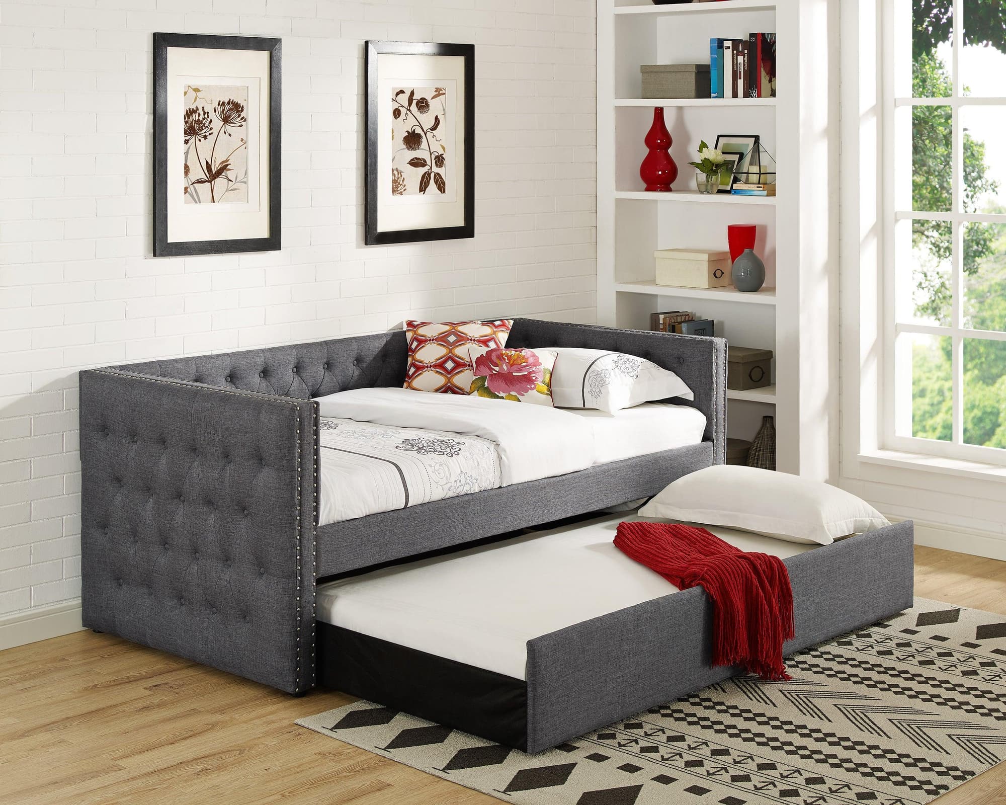 Trina Gray Fabric Upholstered Trundle Tufted Twin Daybed - Image 1