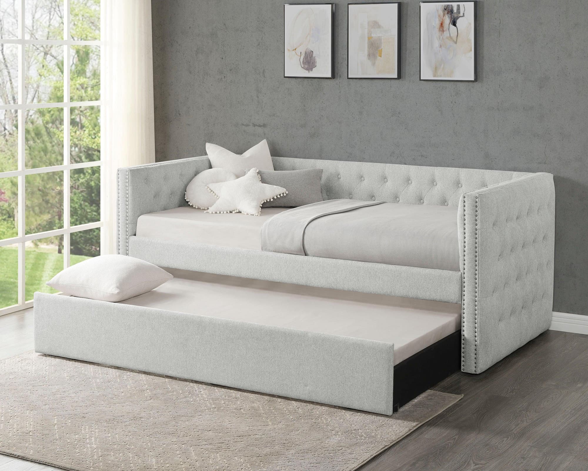 Trina Dove Gray Fabric Upholstered Tufted Trundle Daybed - Image 1
