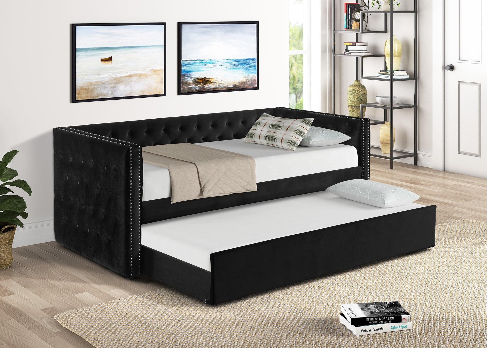 Trina Black Velvet Upholstered Trundle Tufted Twin Daybed - Image 1