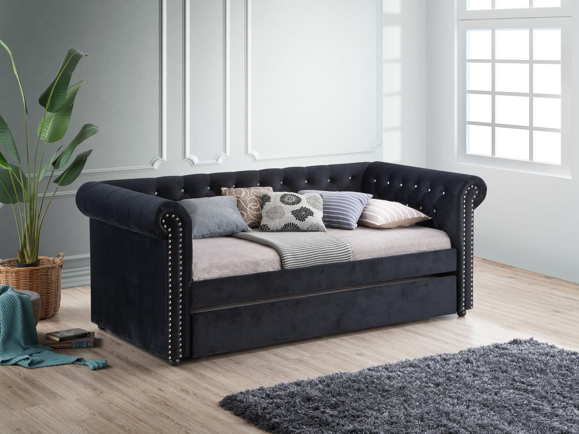 Ellie Black Velvet Tufted Trundle Daybed