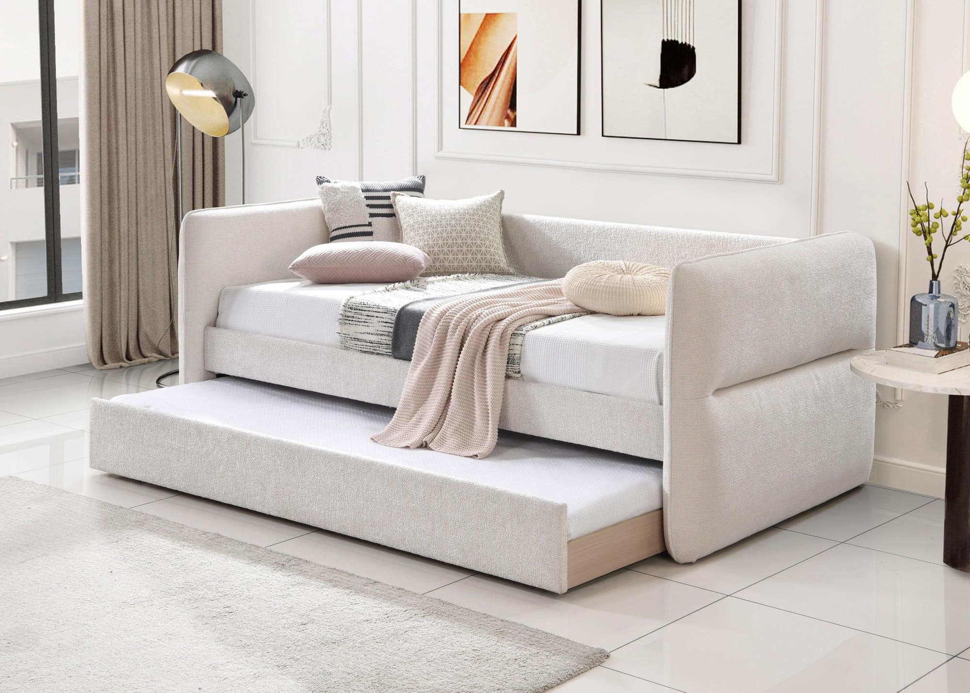 Philipa Oatmeal Tweed Velvet Upholstered Trundle Daybed - Image 1
