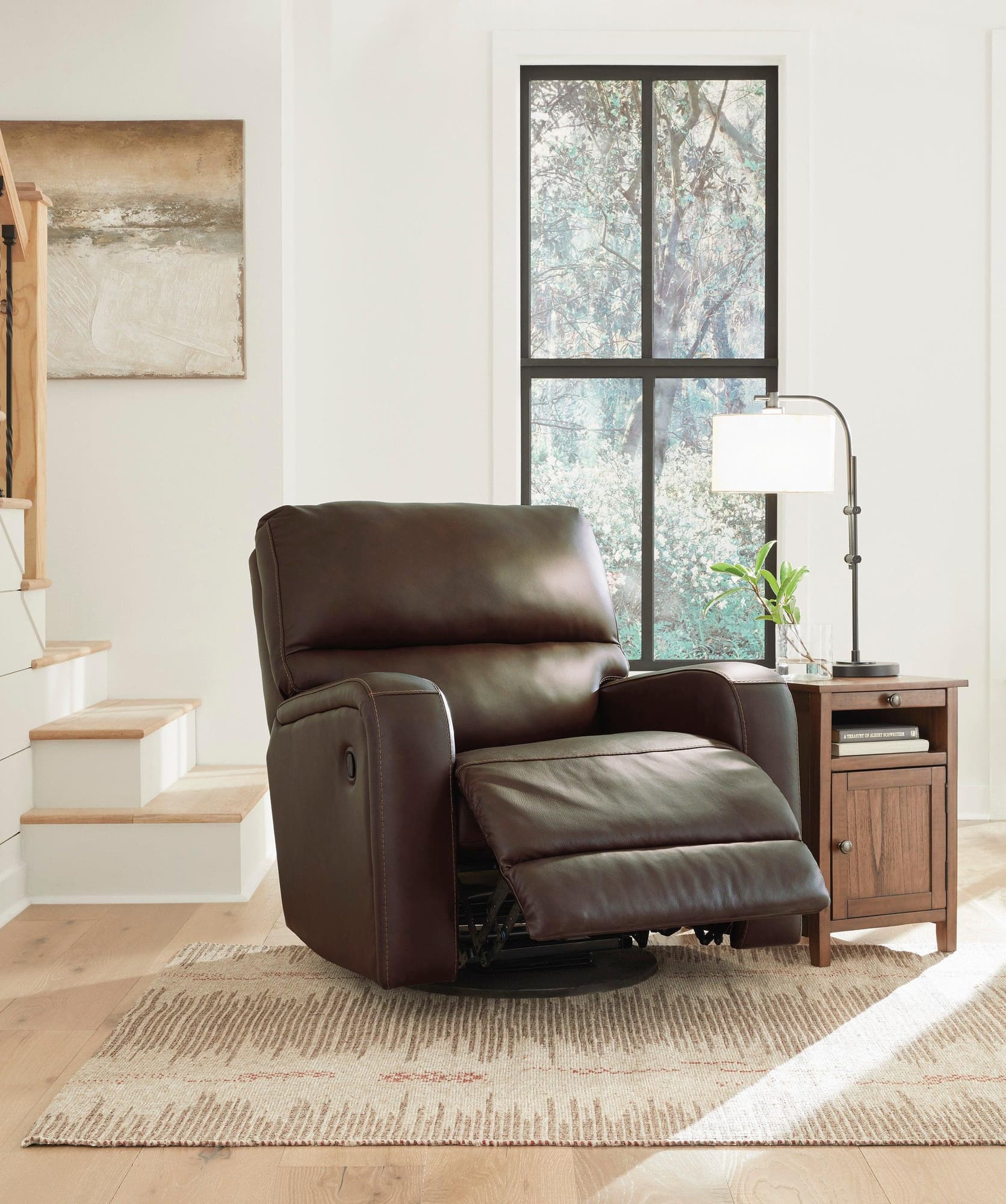 Uriah Coffee Leather Swivel Glider Recliner - Image 1