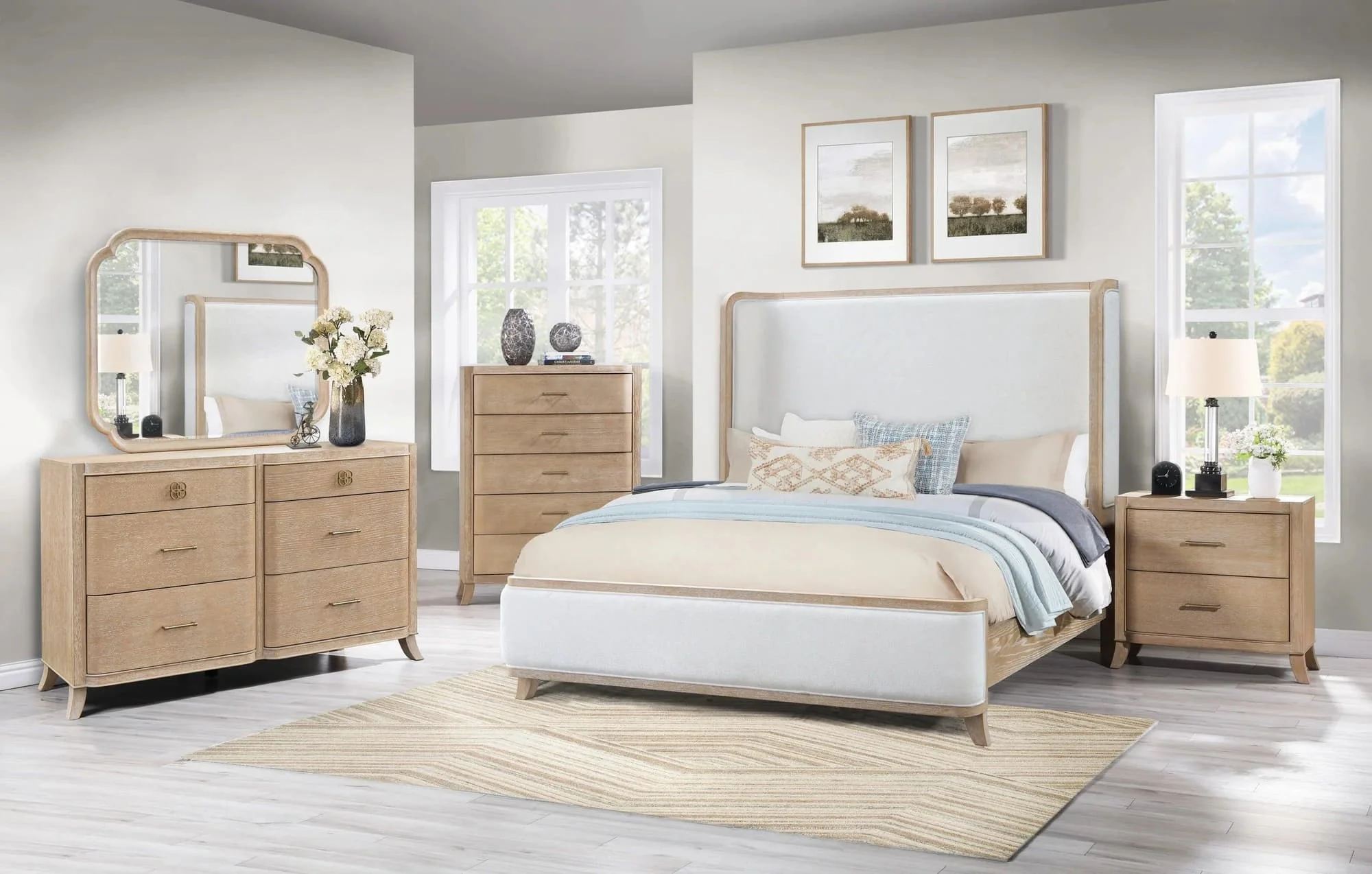 Hilla Light Brown Gray Upholstered Panel Bedroom Set - Image 1