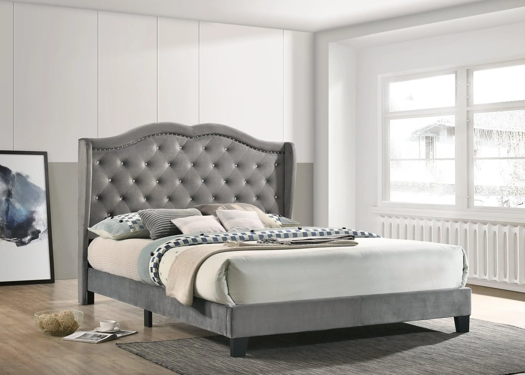 Paradise Gray Velvet Upholstered Tufted Platform Full Bed - Image 1