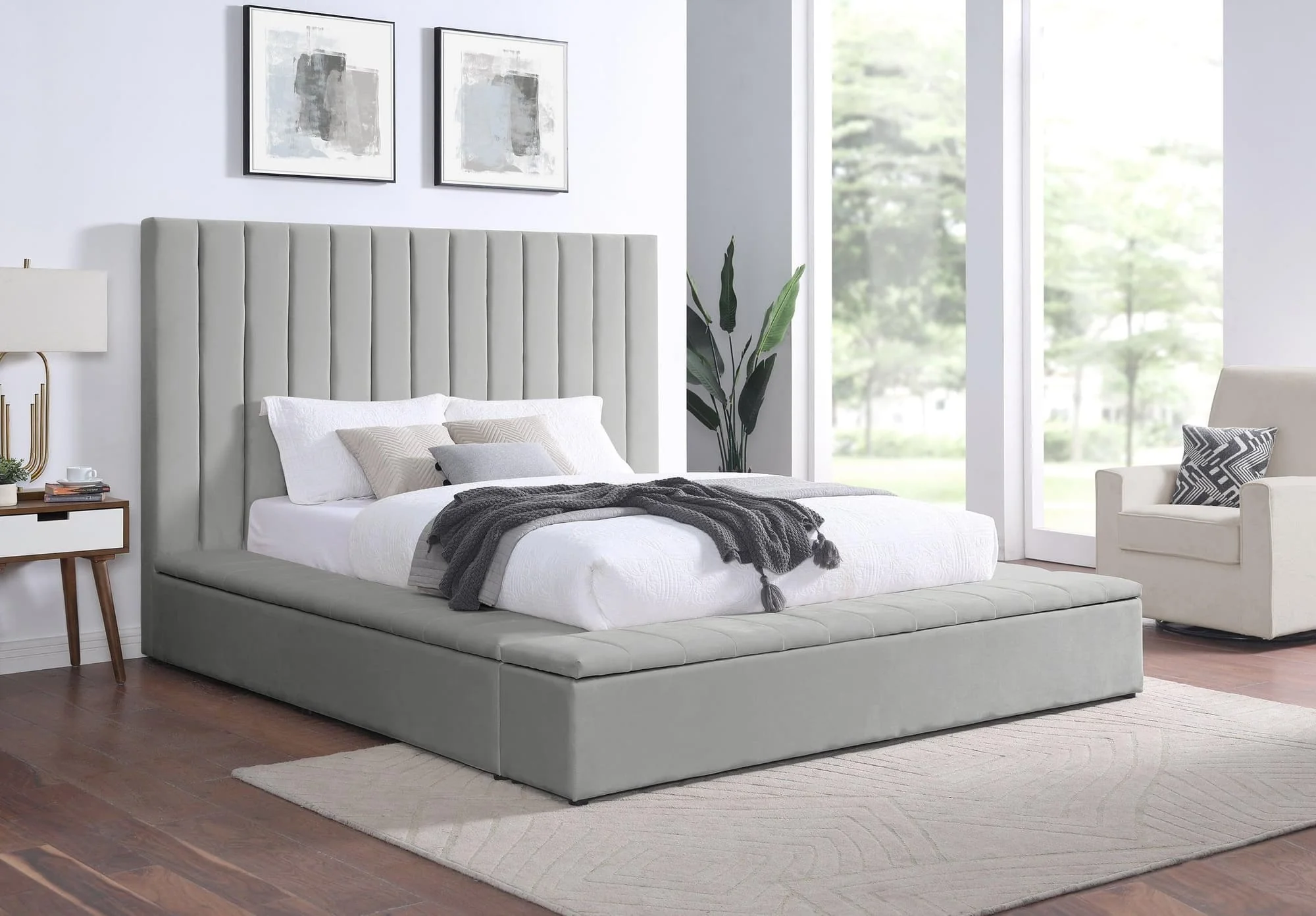 France Gray Velvet Upholstered Storage Platform King Bed - Image 1