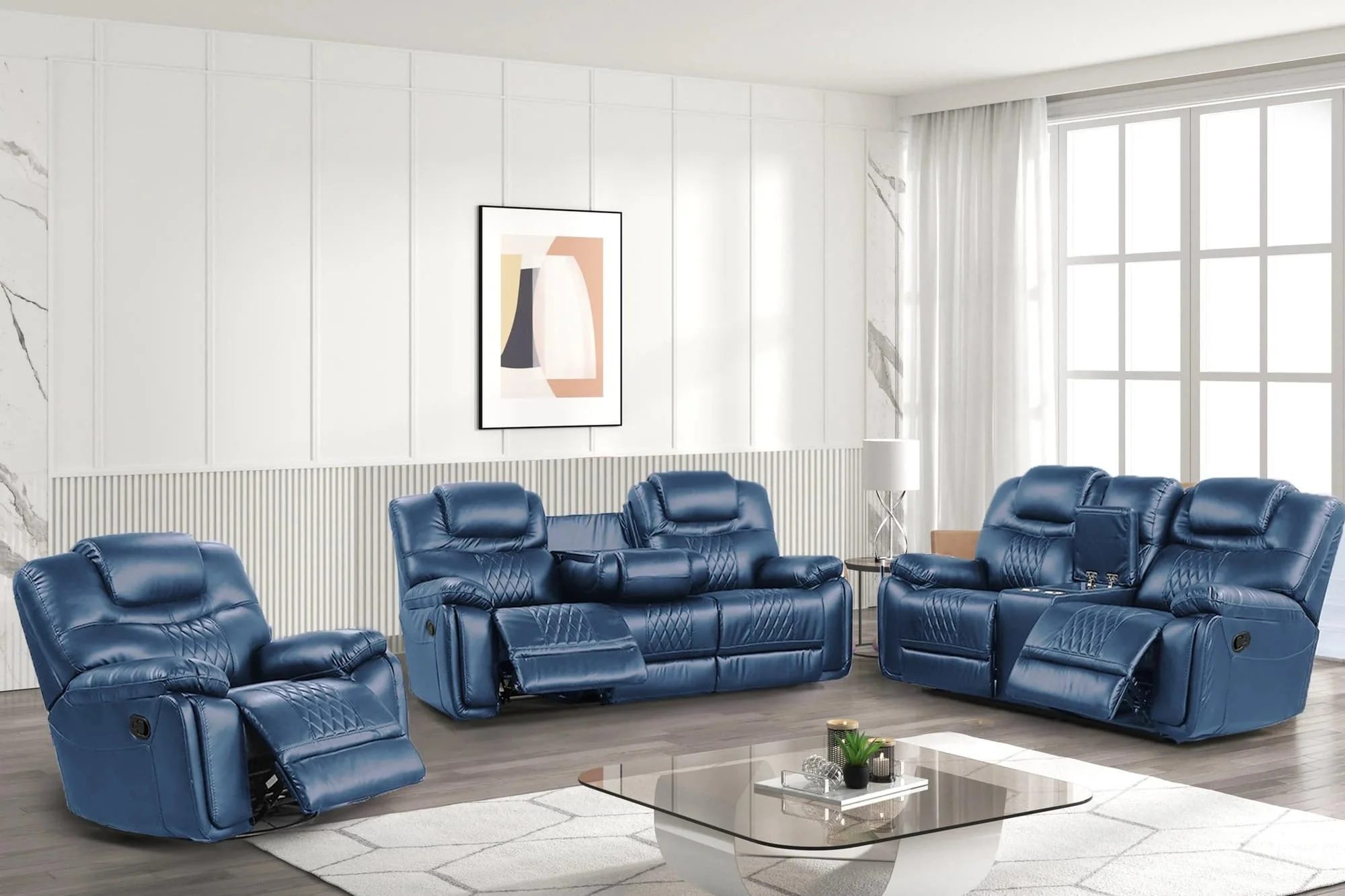 Galveston Blue Faux Leather Oversized 3-Piece Reclining Set - Image 1
