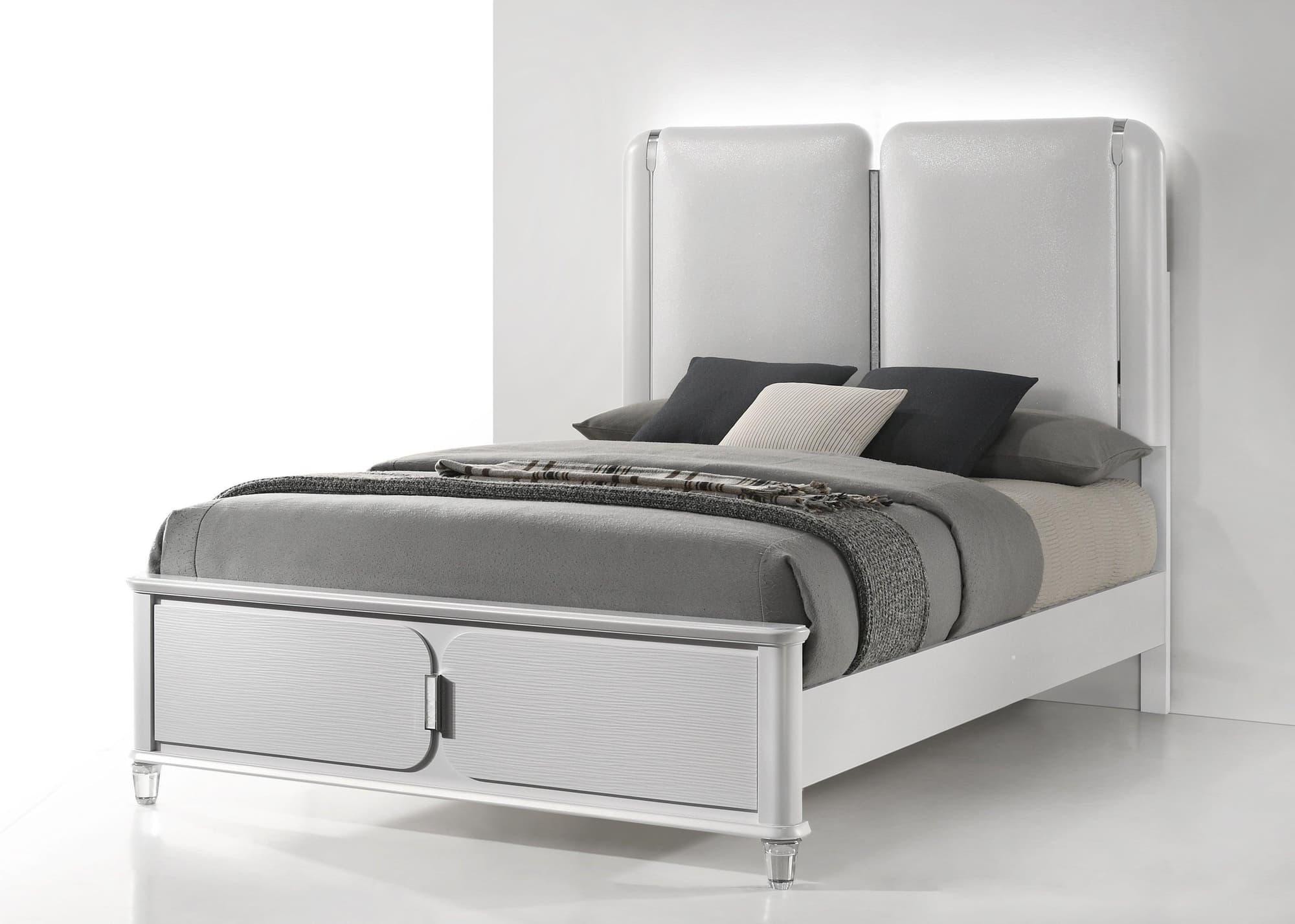 Vivian White Upholstered LED Panel Queen Bed - Image 1