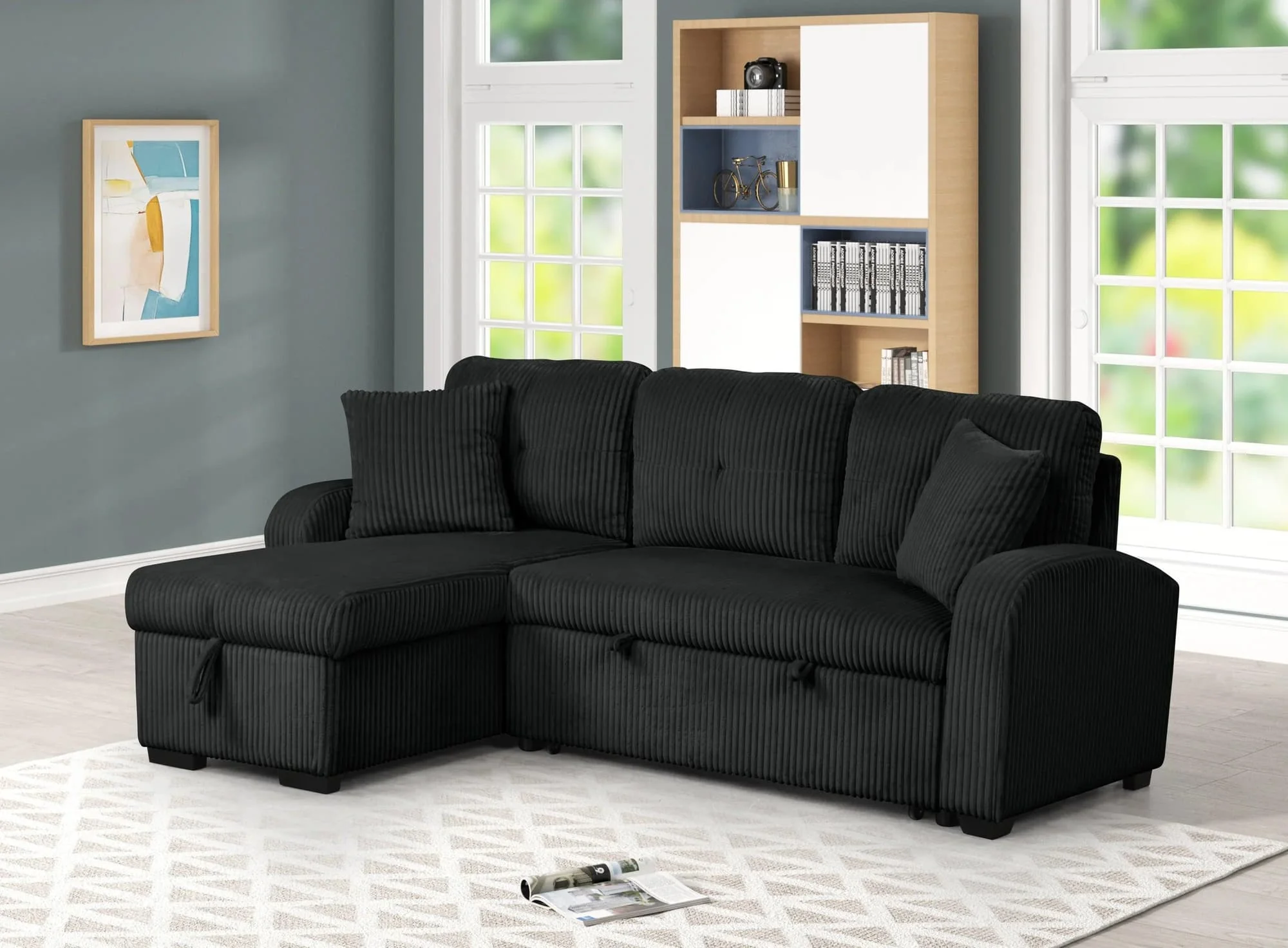 Silvia Black Reversible Sectional w Pull-Out Bed - Image 1