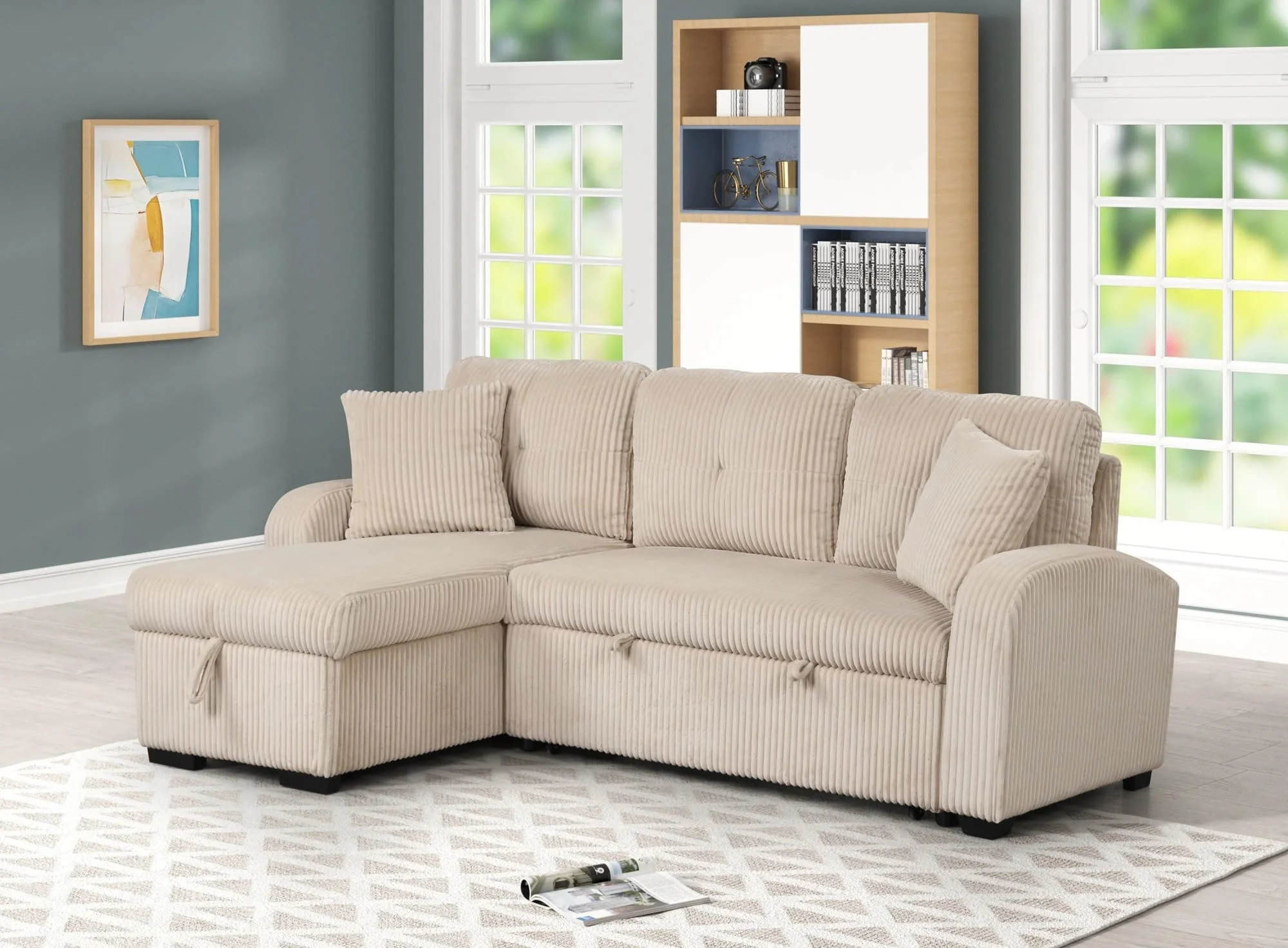 Silvia Beige Reversible Sectional w Pull-Out Bed - Image 1