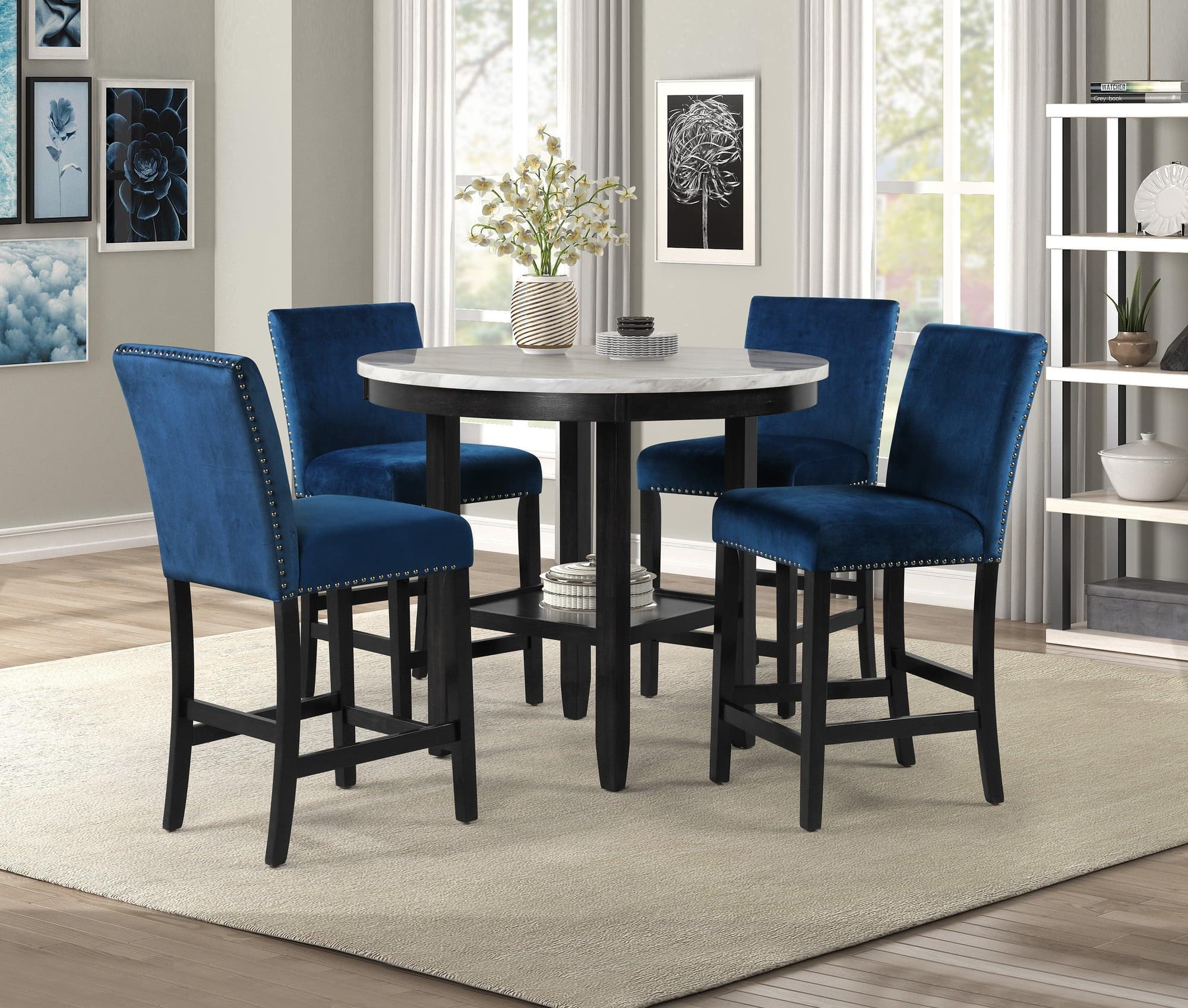 Lennon Blue Upholstered Round Counter Height Set