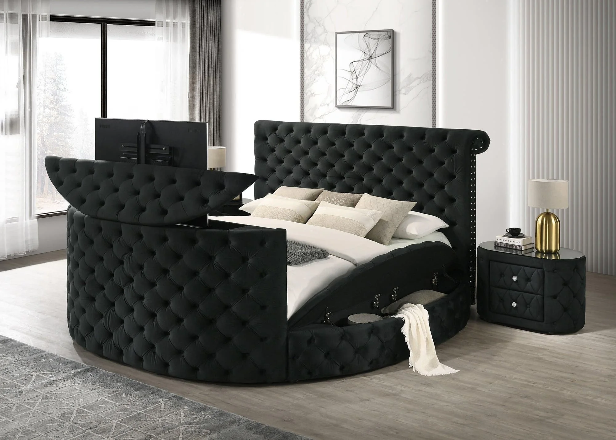 Voltare Black Upholstered Tufted Panel King Bed - Image 1