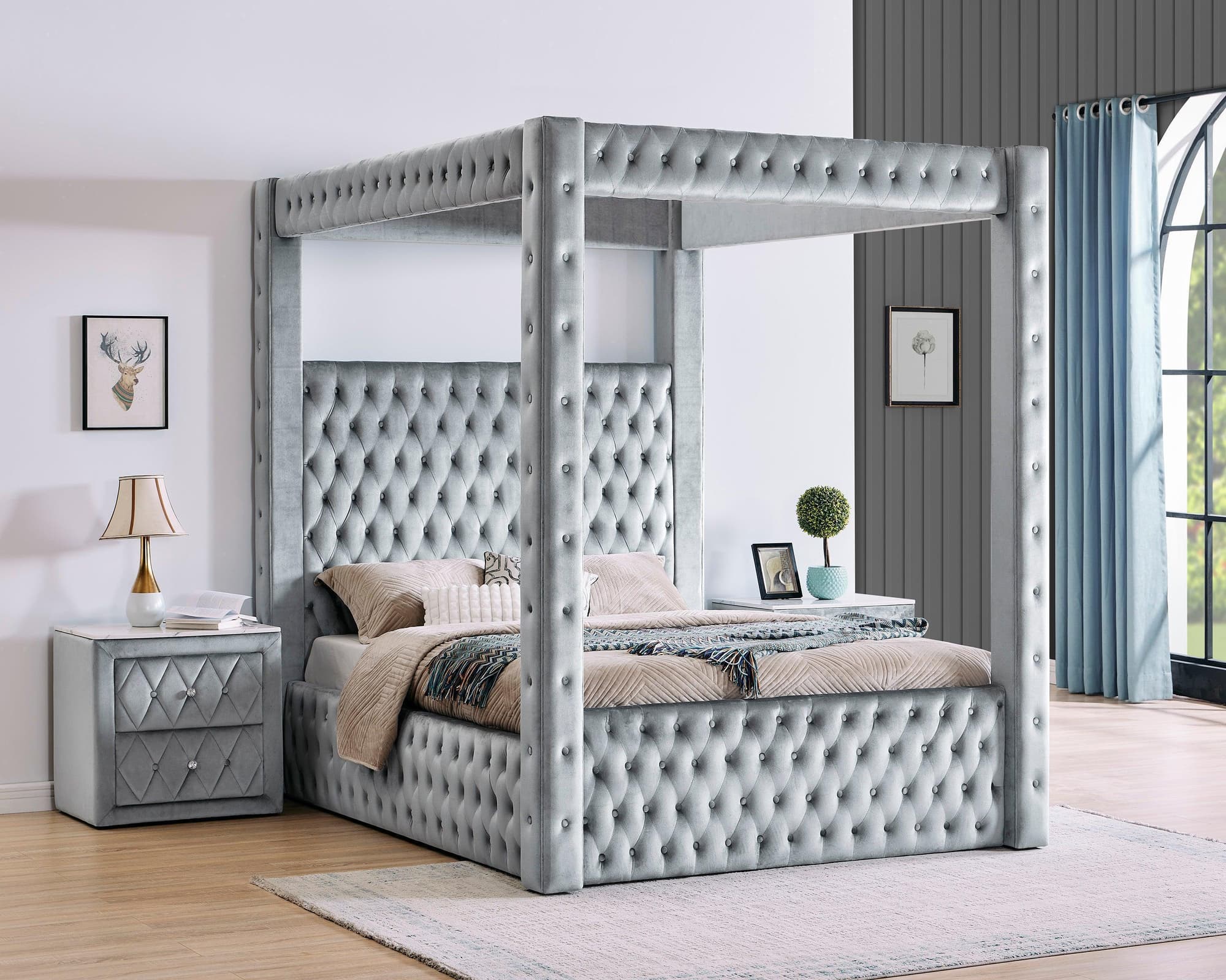 Annabelle Gray Upholstered Tufted Canopy Panel King Bed - Image 1
