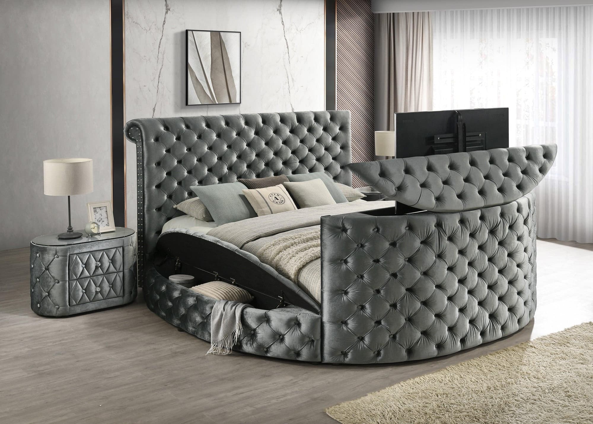 Voltare Gray Upholstered Tufted Panel Queen Bed - Image 1