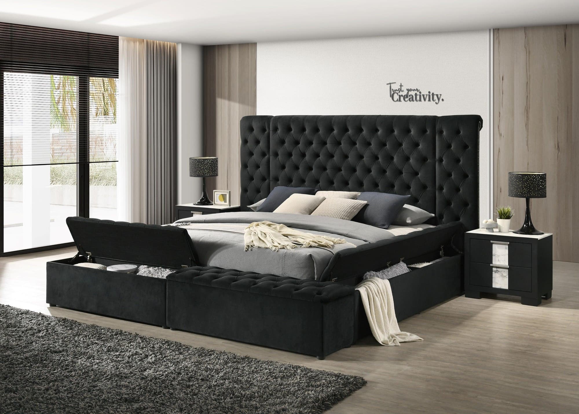 Liliana Black Upholstered Tufted Panel Queen Bed - Image 1