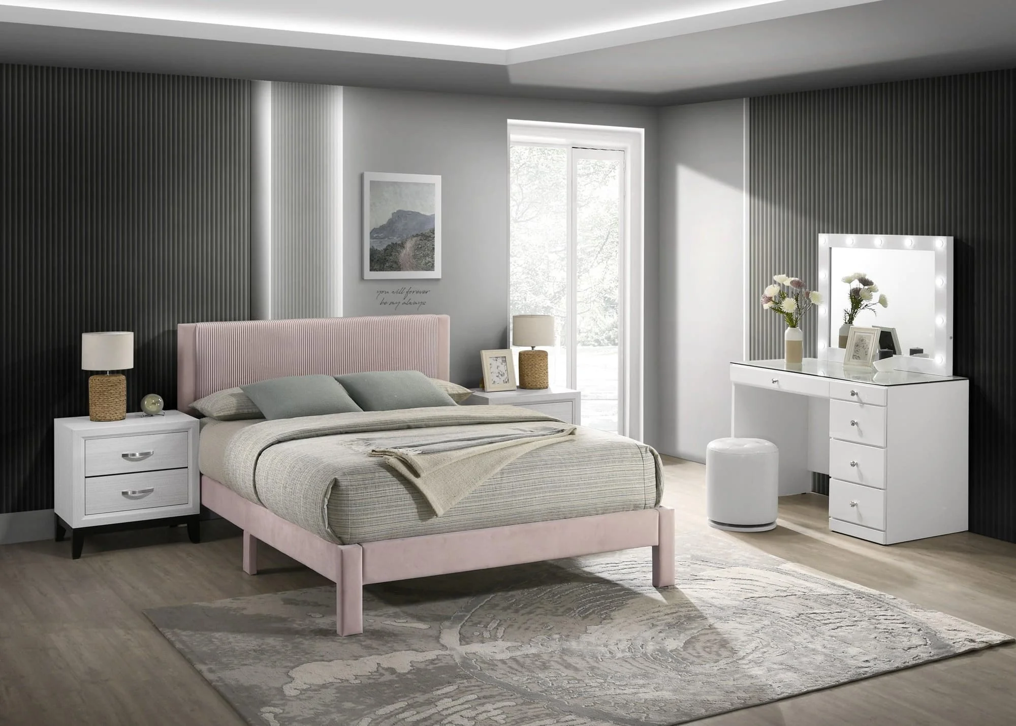 Lucia Pink Upholstered Platform Full Bed - Image 1