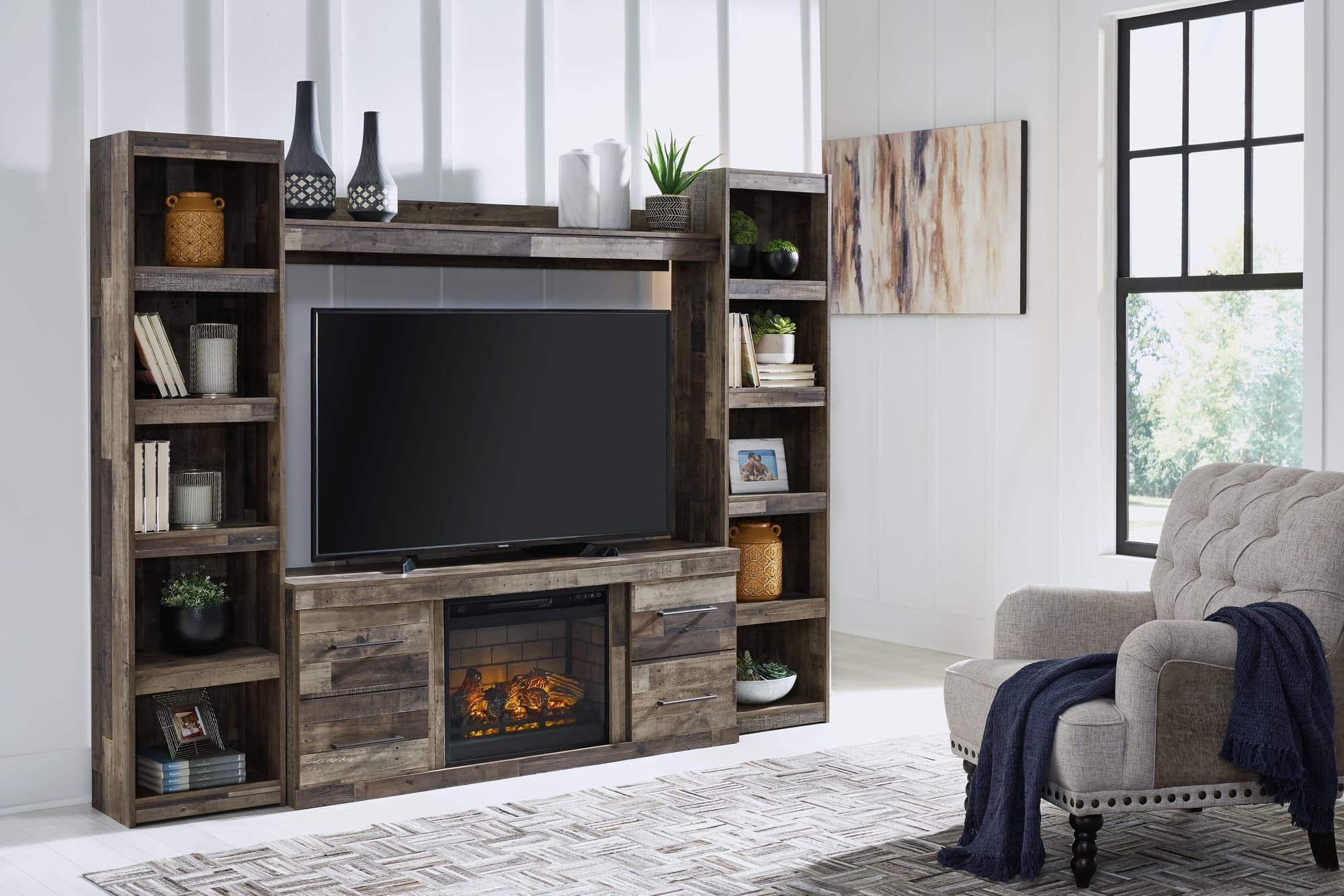 Derekson Multi Gray 4-Piece Entertainment Center With Electric Fireplace - Image 1