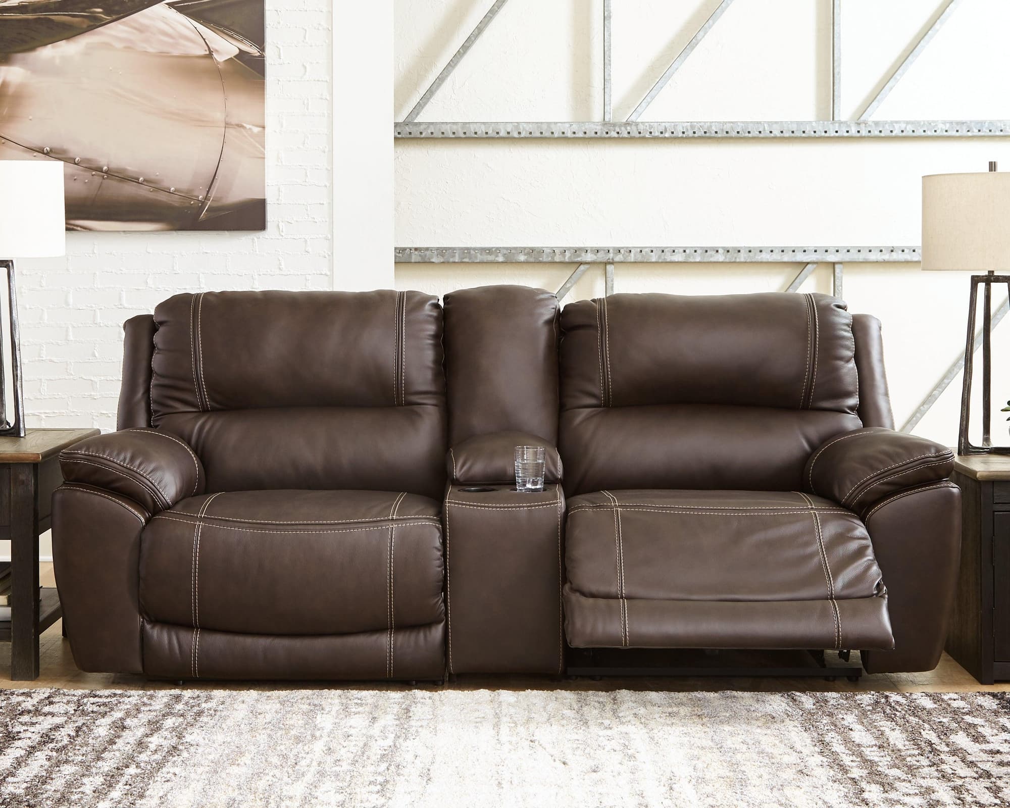 Dunleith Chocolate 3-Piece Power Reclining Loveseat With Console - Image 1