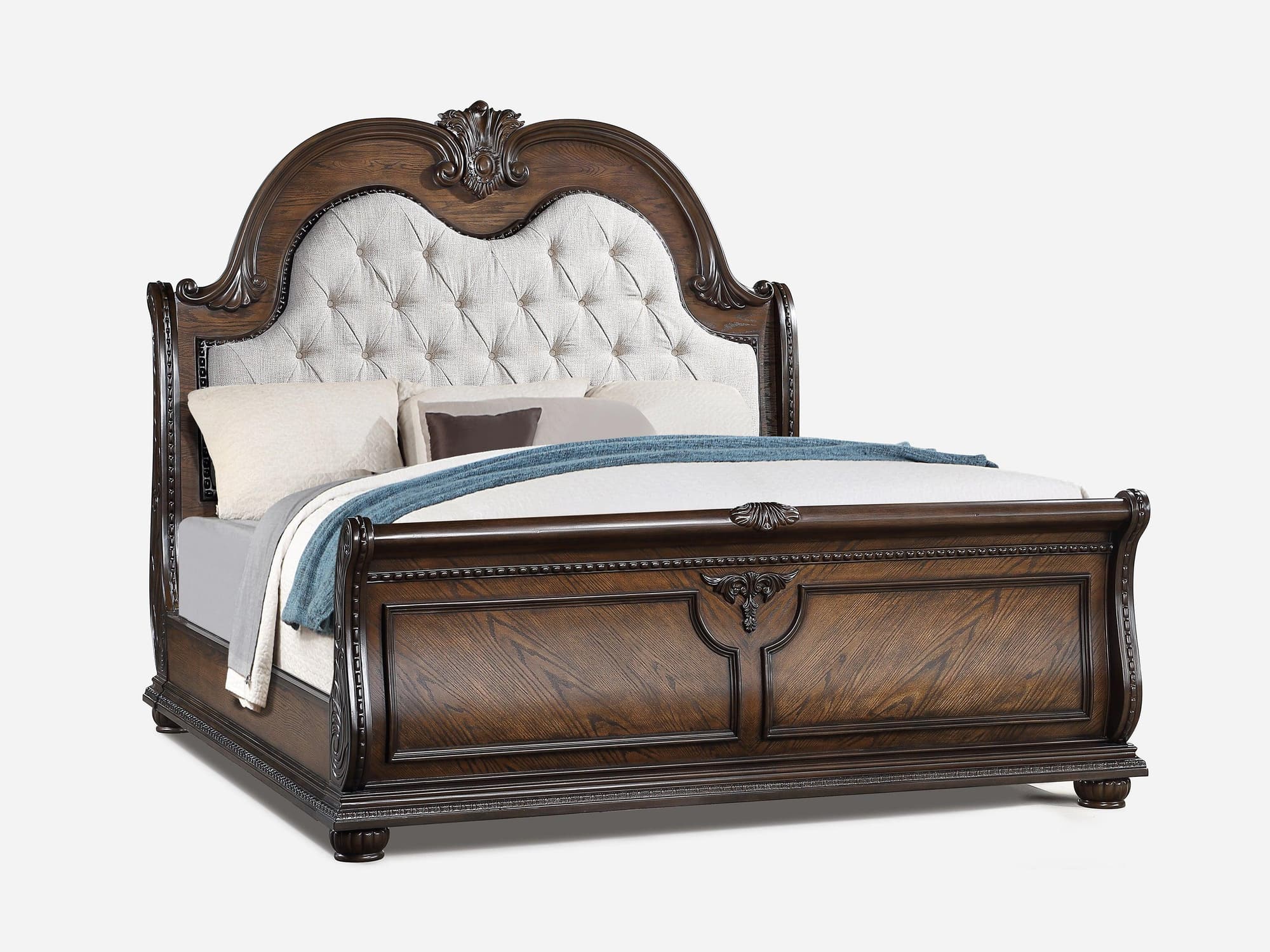 Stanley Coffee Brown Upholstered Tufted Sleigh King Bed - Image 1