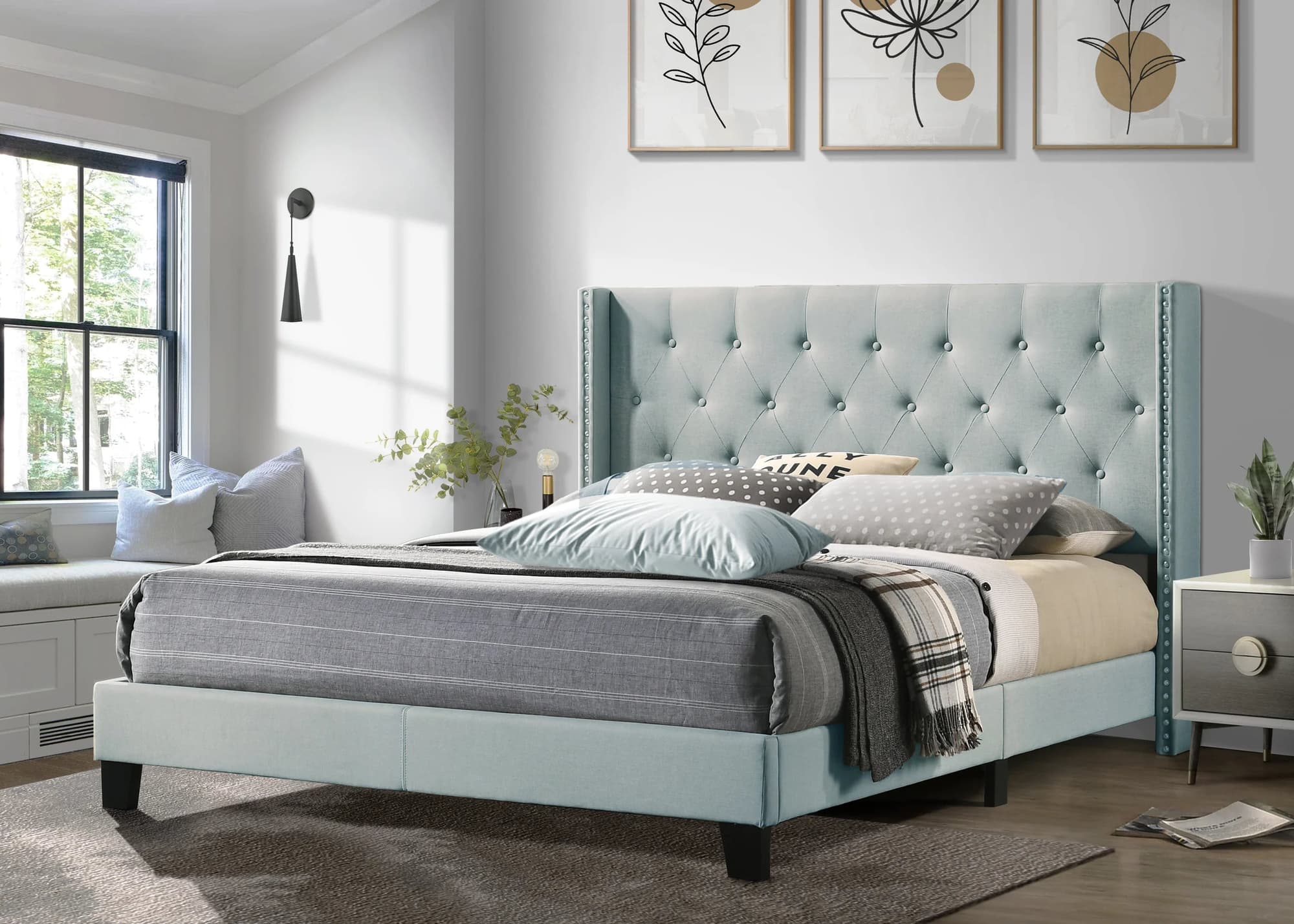 Hikaru Teal Upholstered Tufted Platform King Bed - Image 1