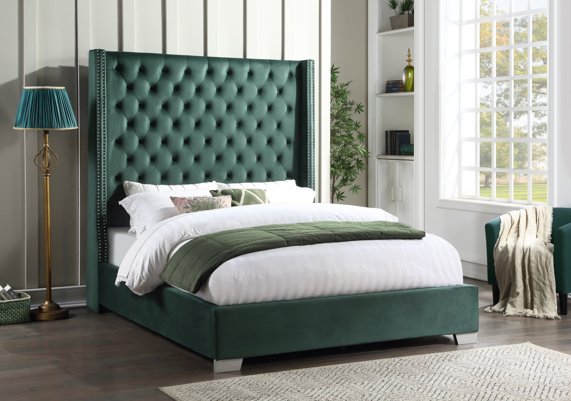 Alopa Green Velvet 6Ft Tall Upholstered Tufted Platform Queen Bed - Image 1