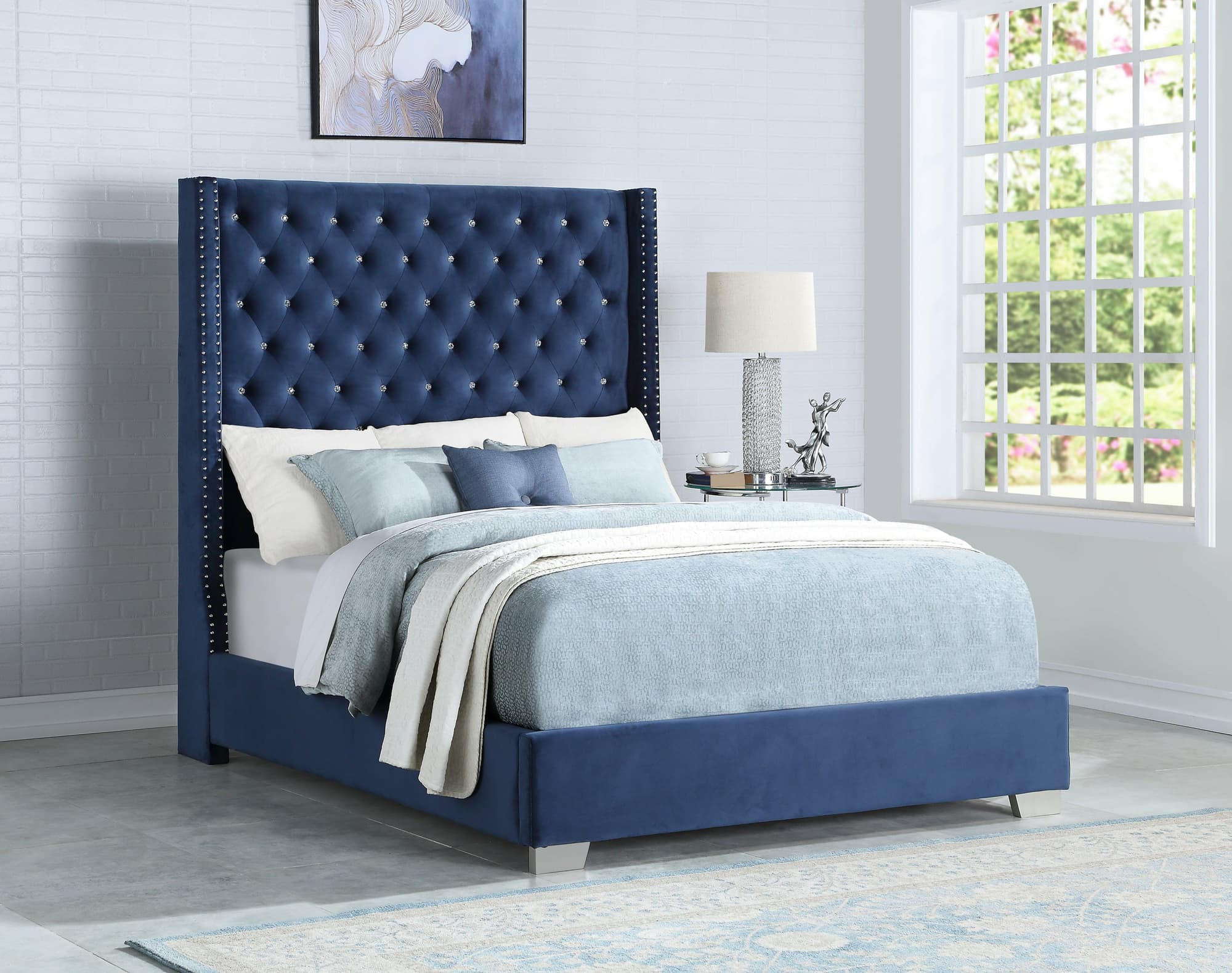 Lomuna Blue Velvet Upholstered Tufted Queen Bed - Image 1