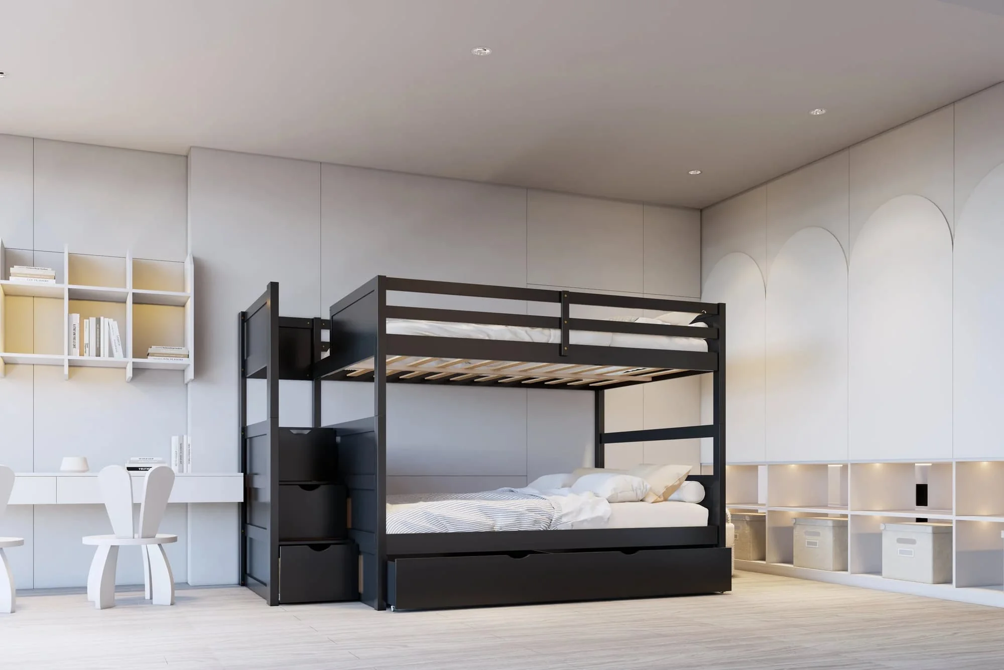 Babylon Black Full/Full Bunk Bed w Twin Trundle + Staircase Storage