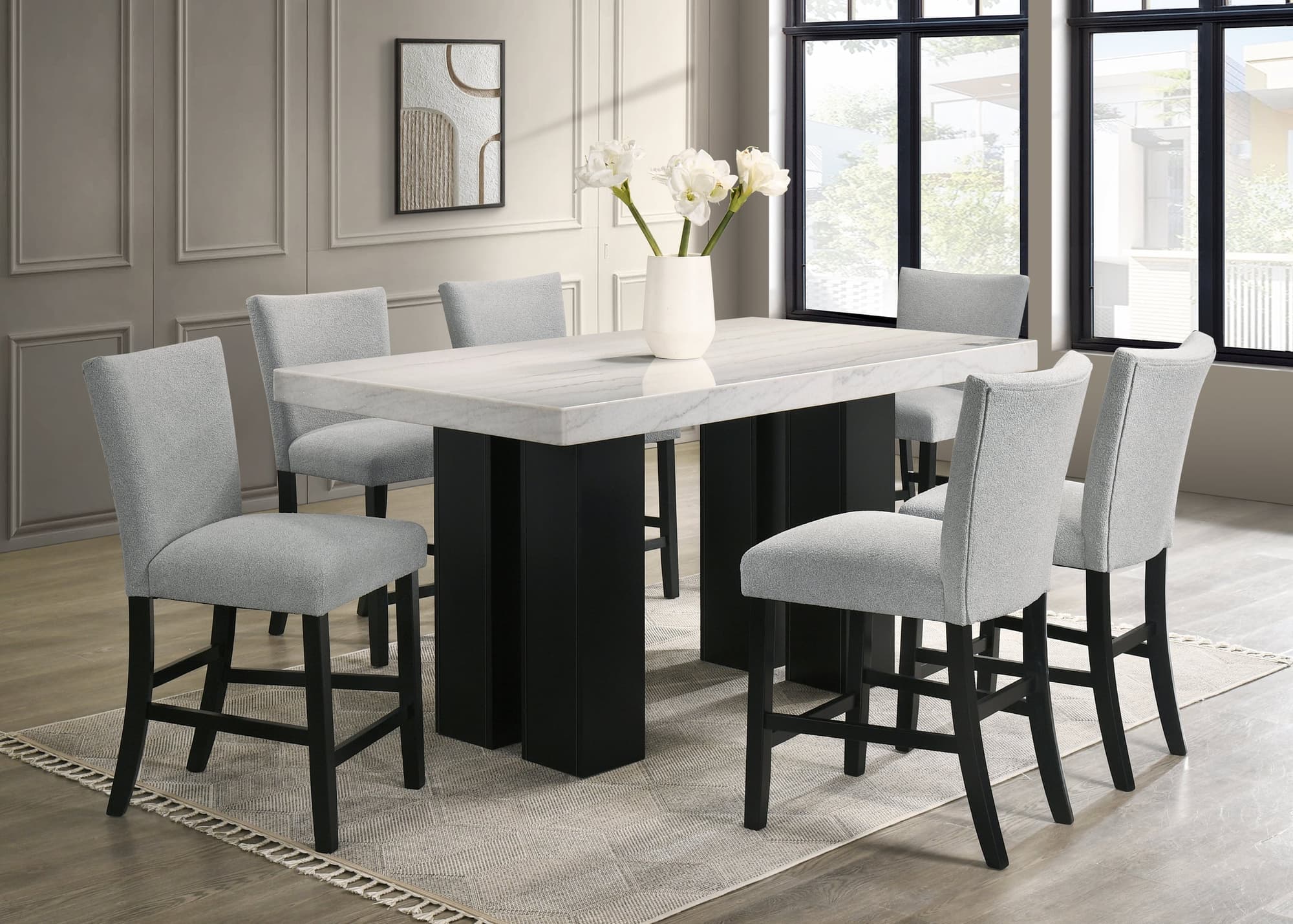 Nola Gray Genuine Marble Counter Height Table + 6 Chairs - Image 1