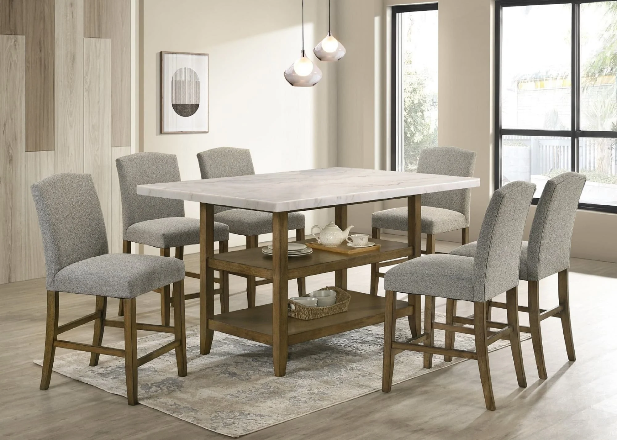 Lola Gray Genuine Marble Counter Height Table + 6 Chairs - Image 1