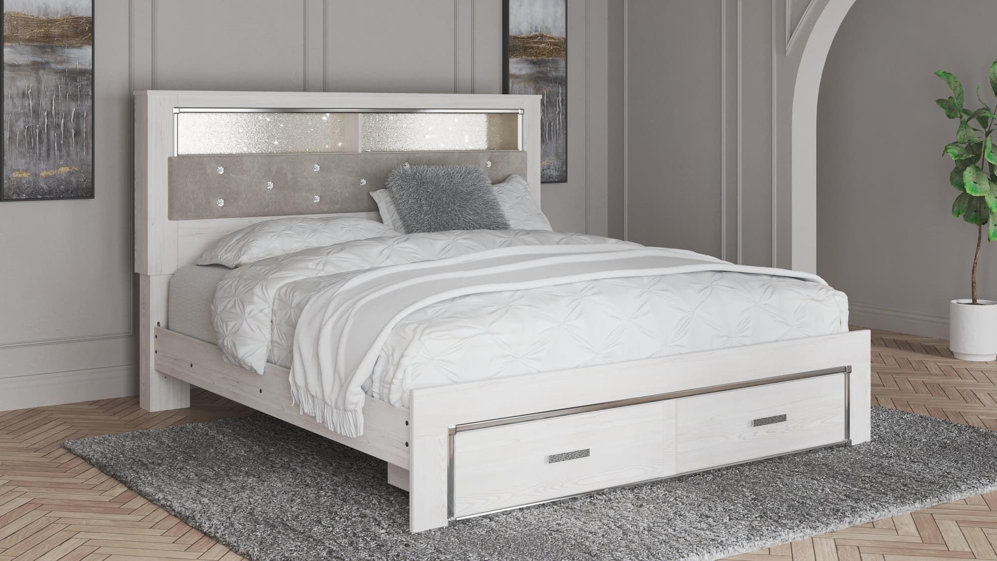 Altyra White King Upholstered Bookcase Bed With Storage