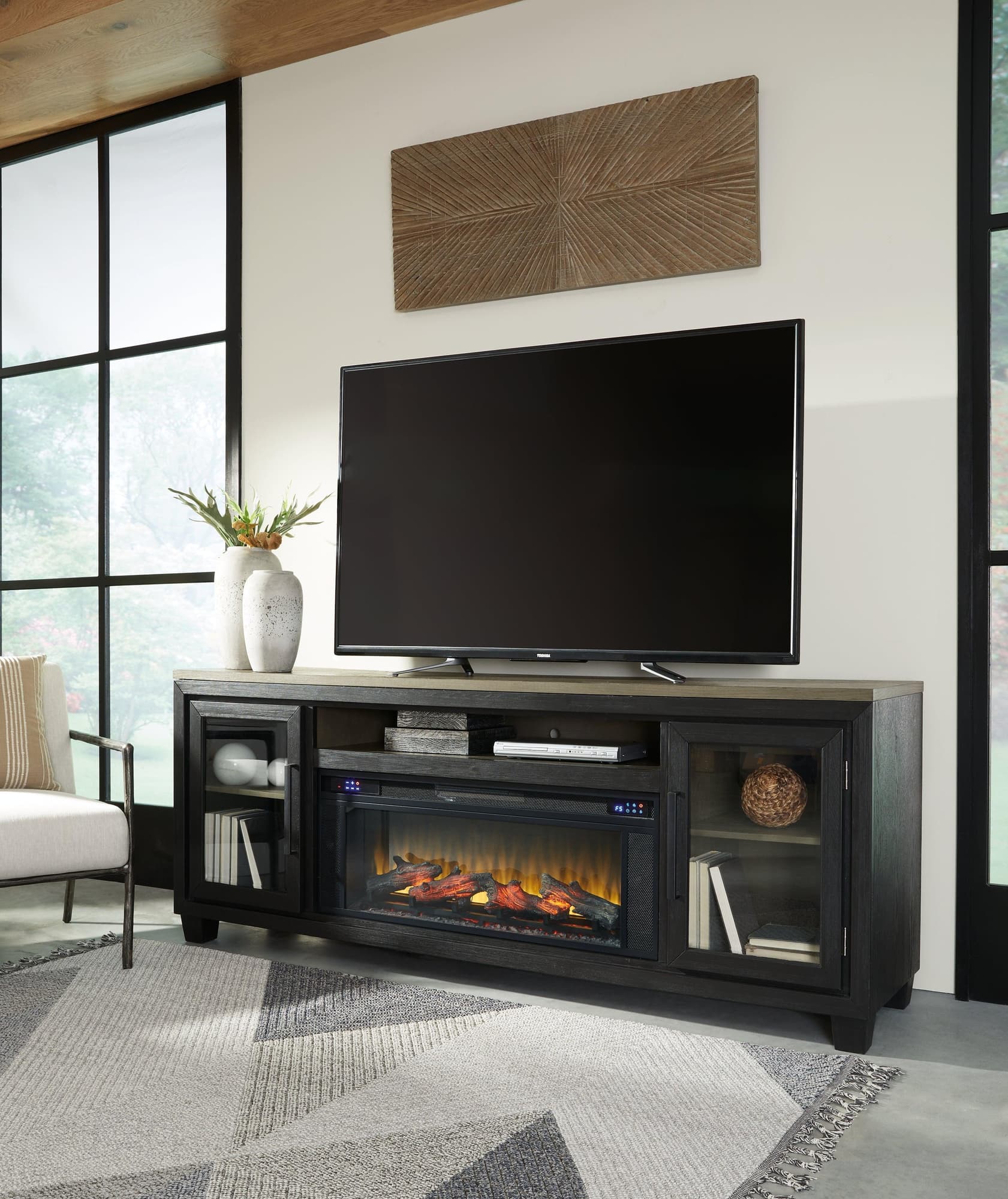Foyland Black Brown 83″ Tv Stand With Electric Fireplace