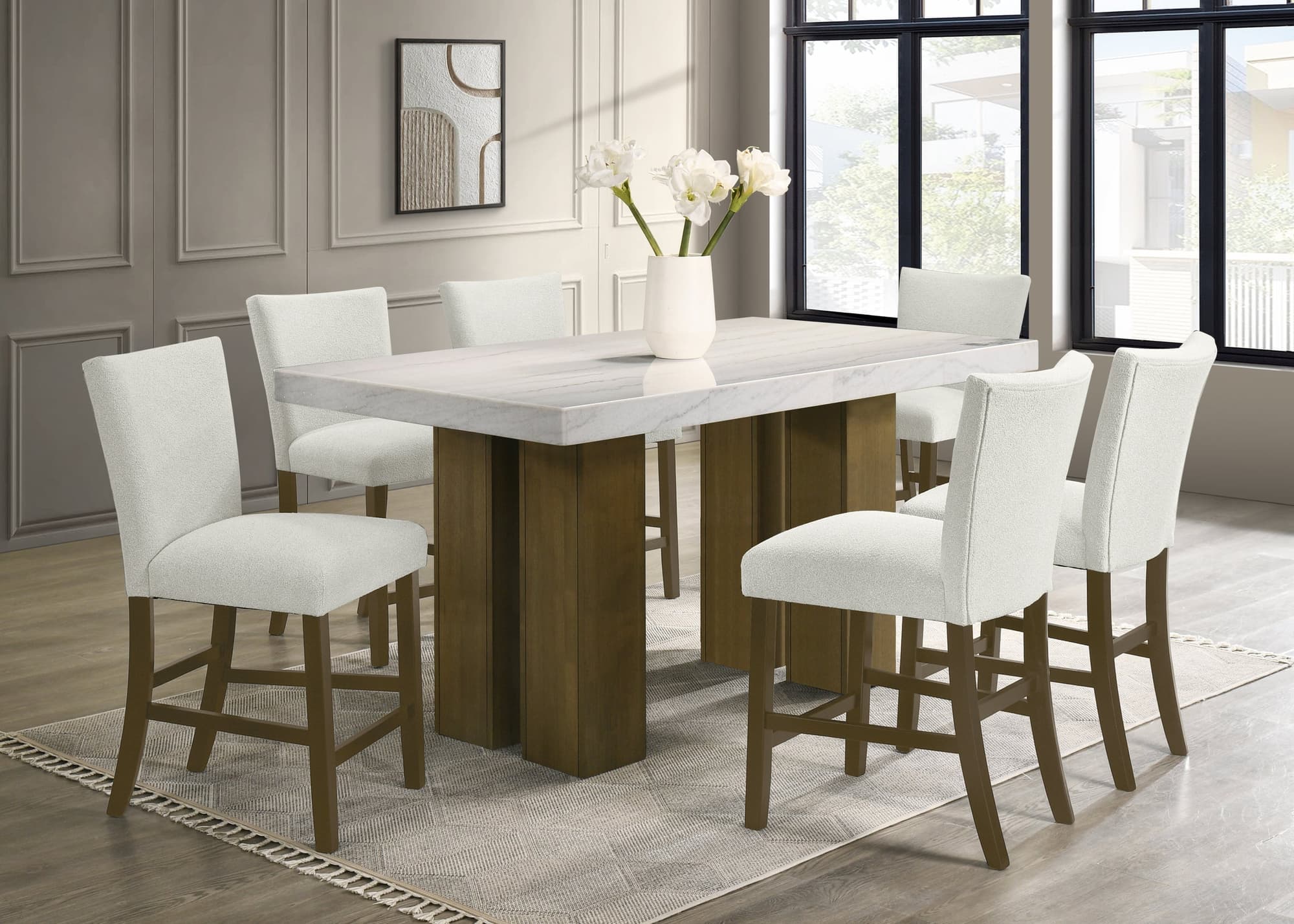 Capri Brown White Genuine Marble Counter Height Table + 6 Chairs - Image 1