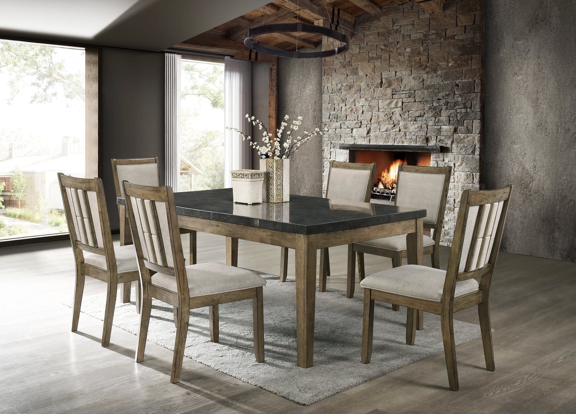 Melstone Brown Genuine Marble Table + 6 Chairs - Image 1