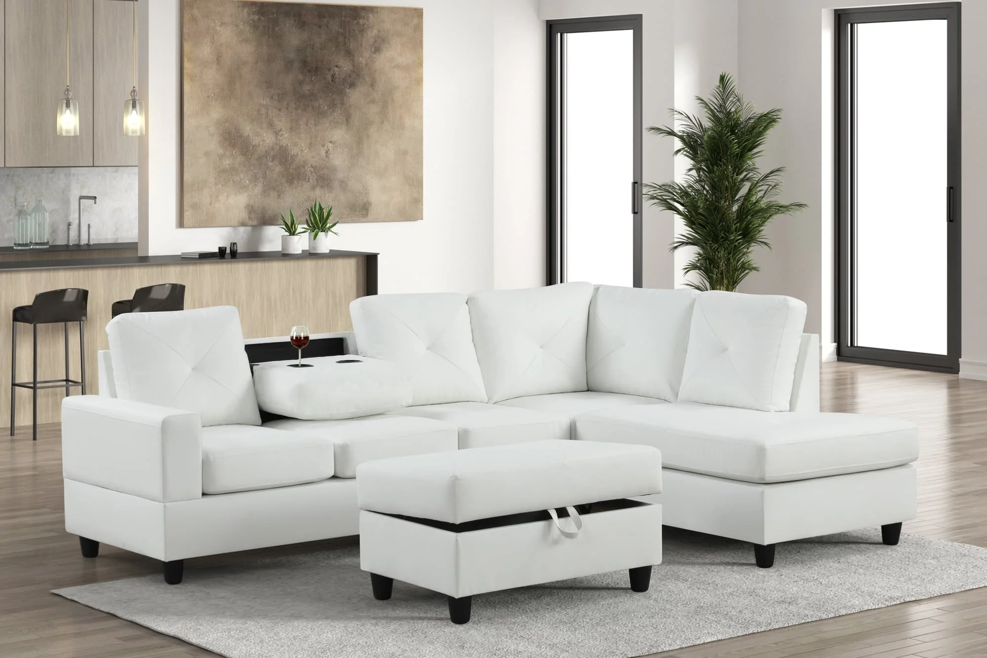 Rocket White PU Reversible Sectional with Ottoman - Image 1