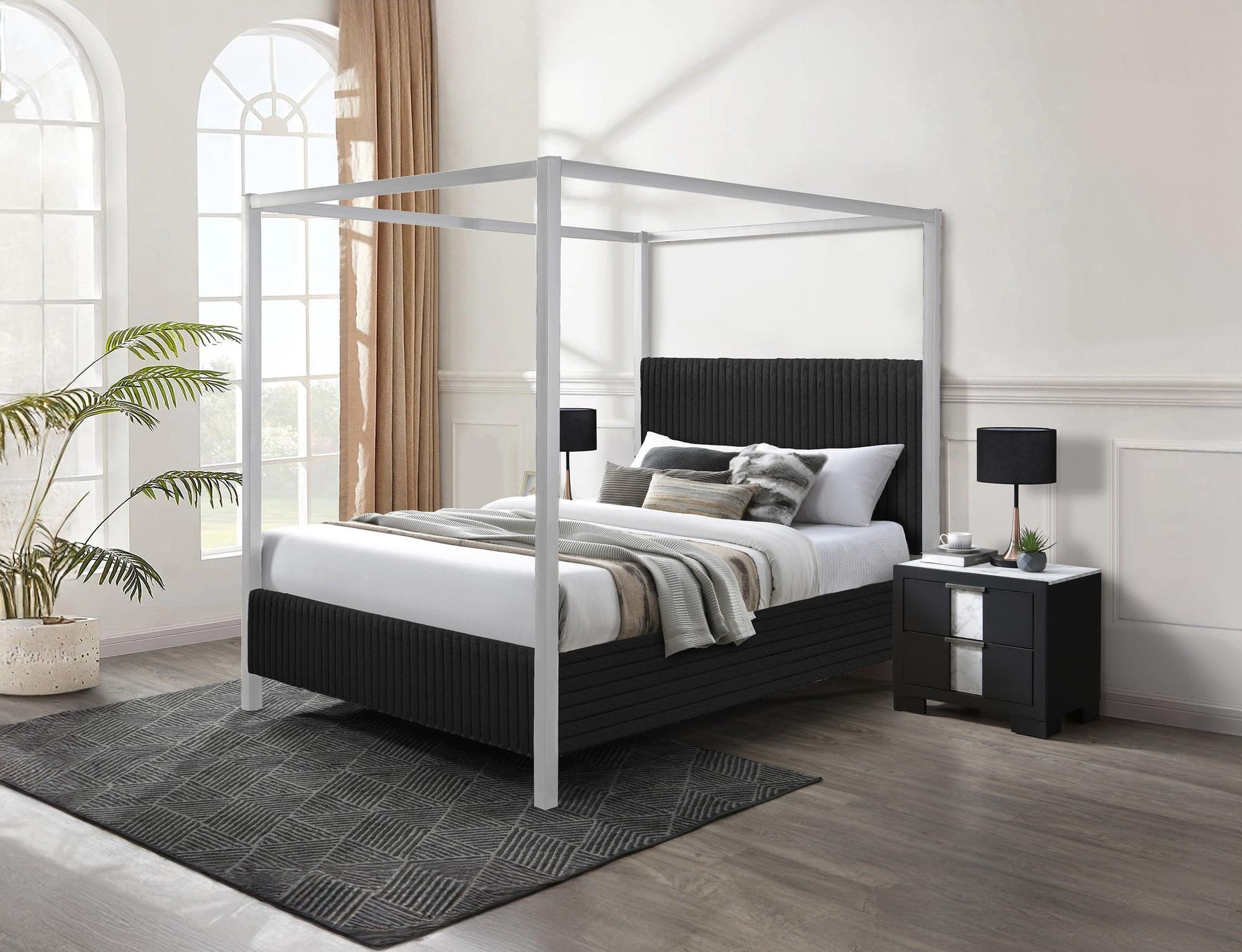 Cora Black Upholstered Canopy King Bed - Image 1