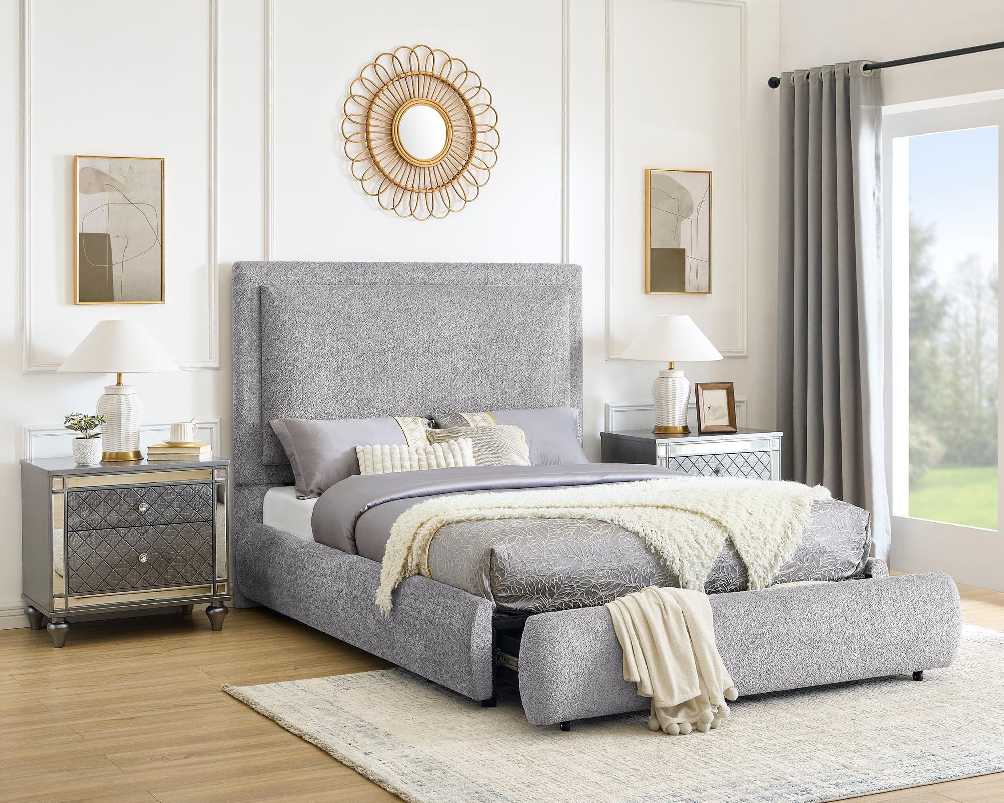 Reverie Gray Upholstered Storage Panel Queen Bed - Image 1