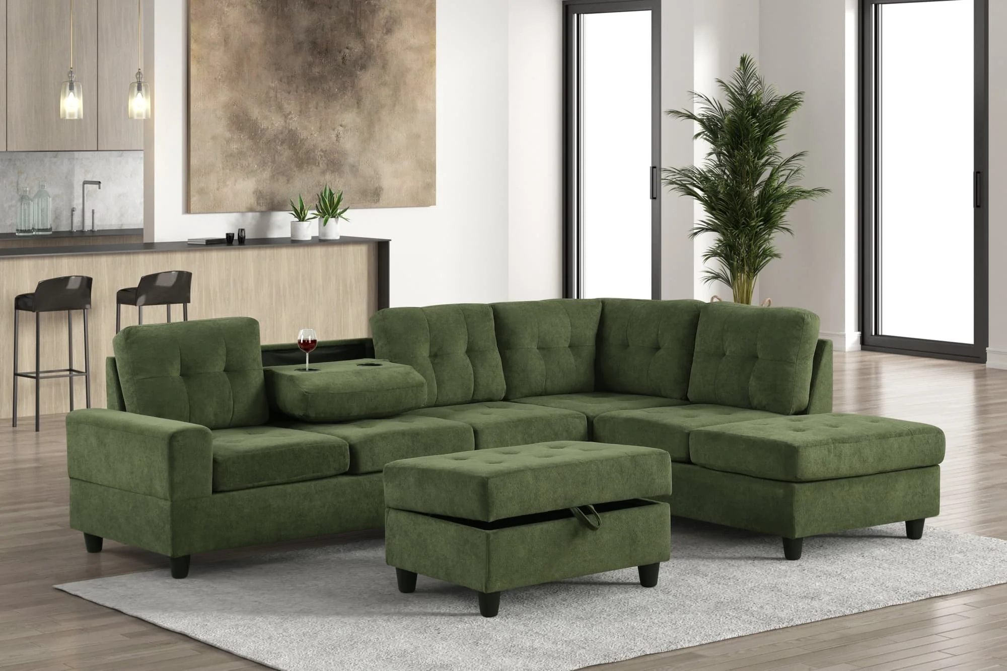 Heights Green Reversible Sectional + Ottoman - Image 1