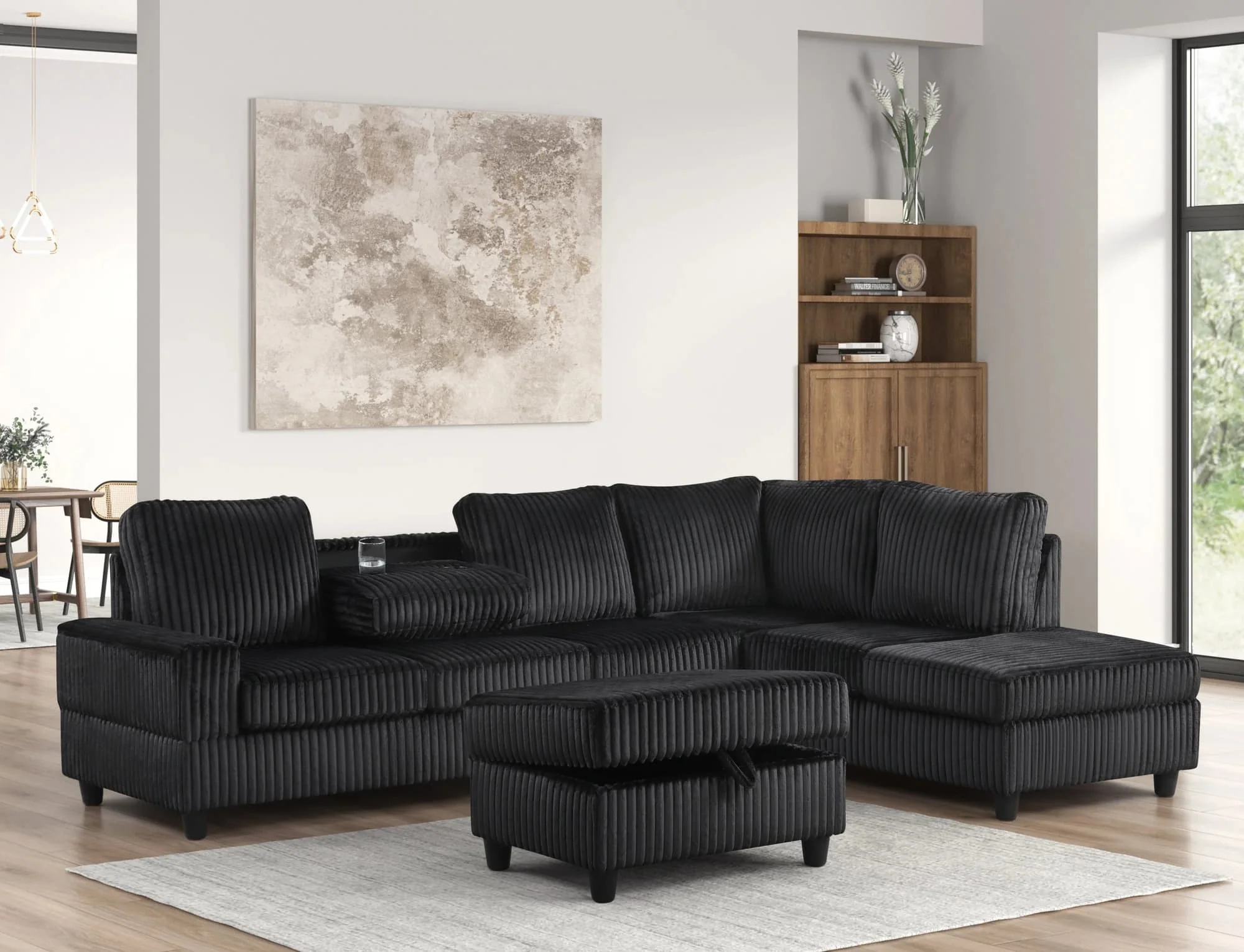 Heights Black Cord Fabric Reversible Sectional + Ottoman - Image 1