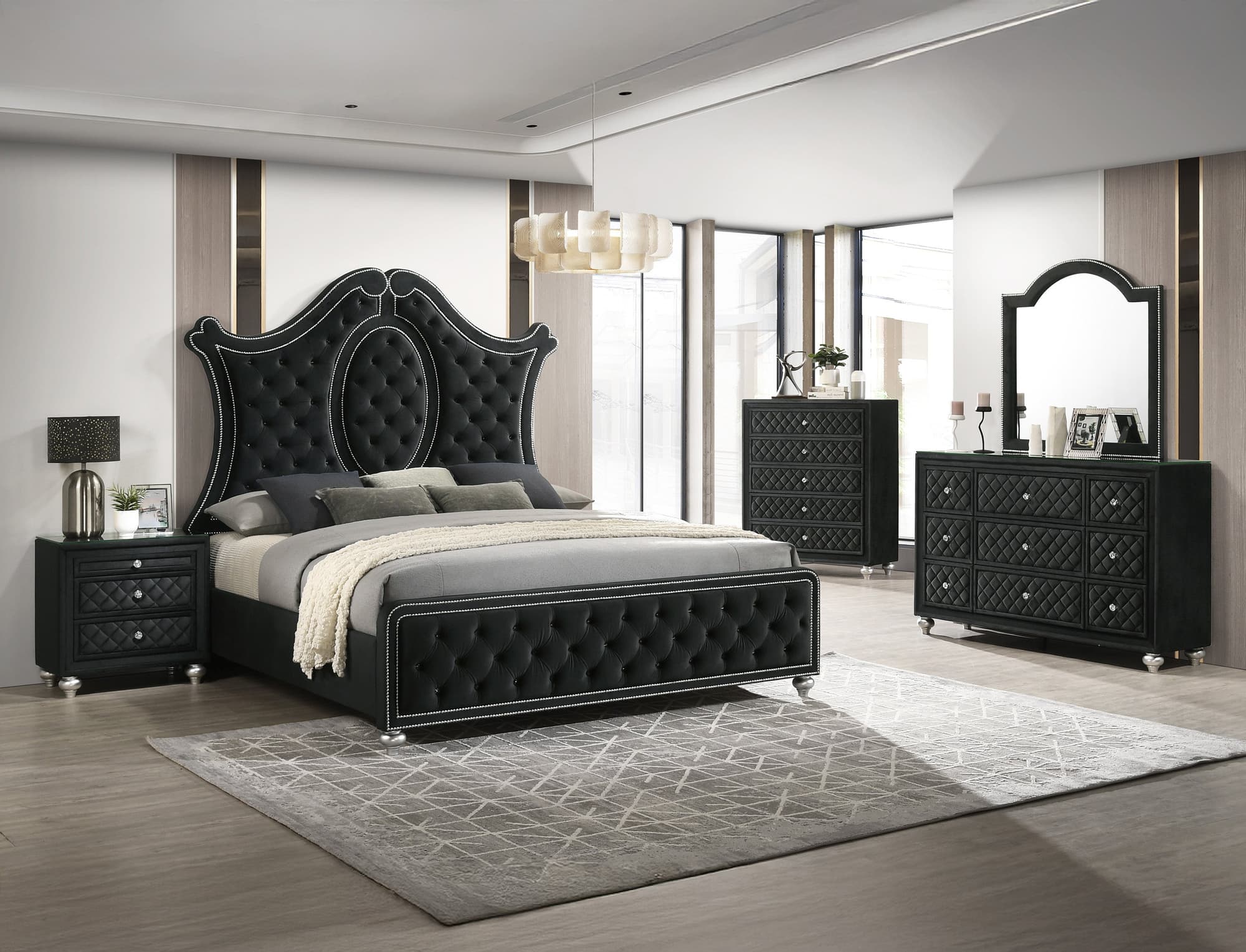 Cameo Black Upholstered Tufted Panel Bedroom Set - Image 1