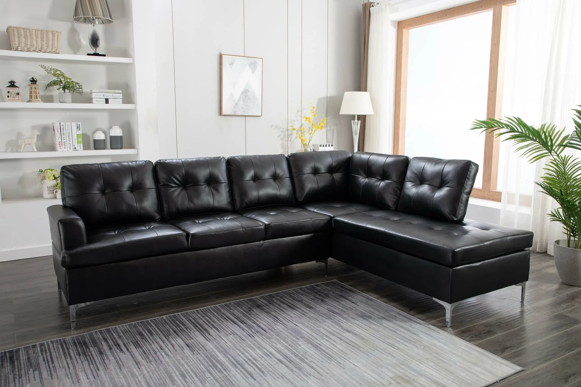 Vintage Black Faux Leather Tufted Sectional - Image 1