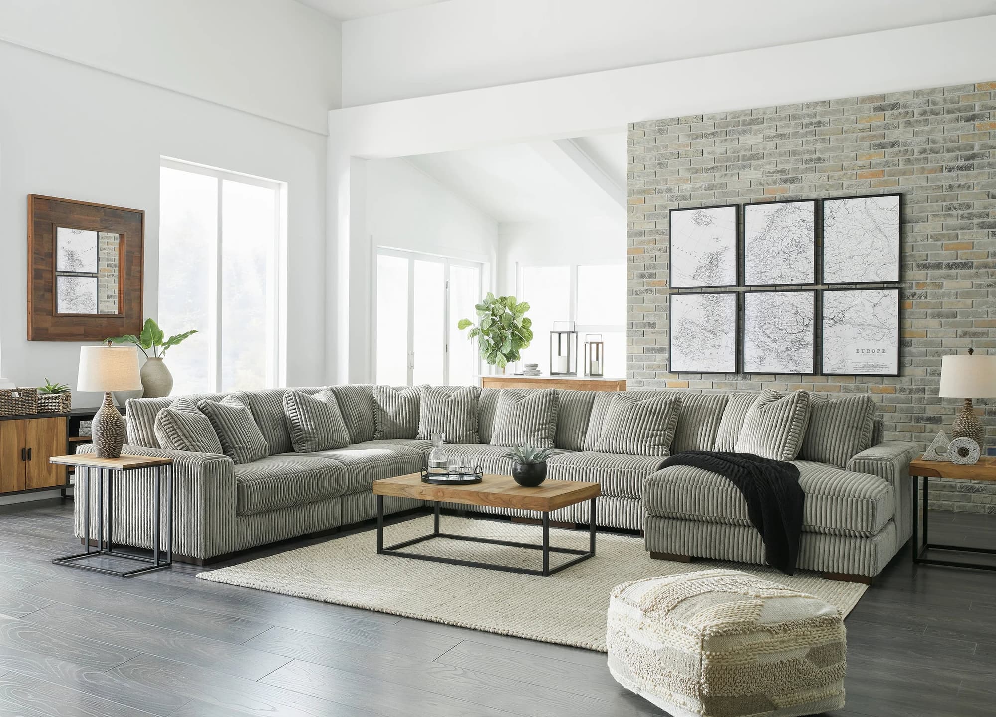 Lindyn Fog Gray Faux Upholstered 6-Piece Sectional RAF Chaise - Image 1