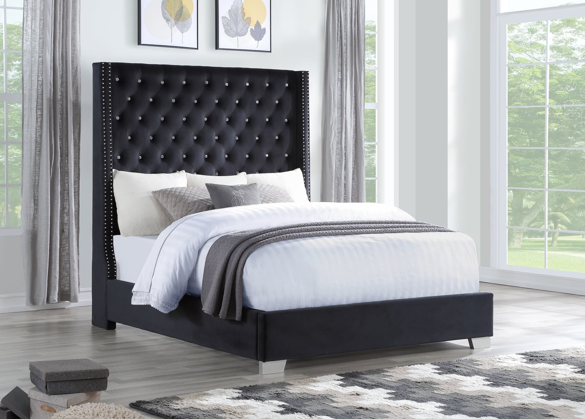 Lomuna Black Velvet Upholstered Tufted Queen Bed - Image 1