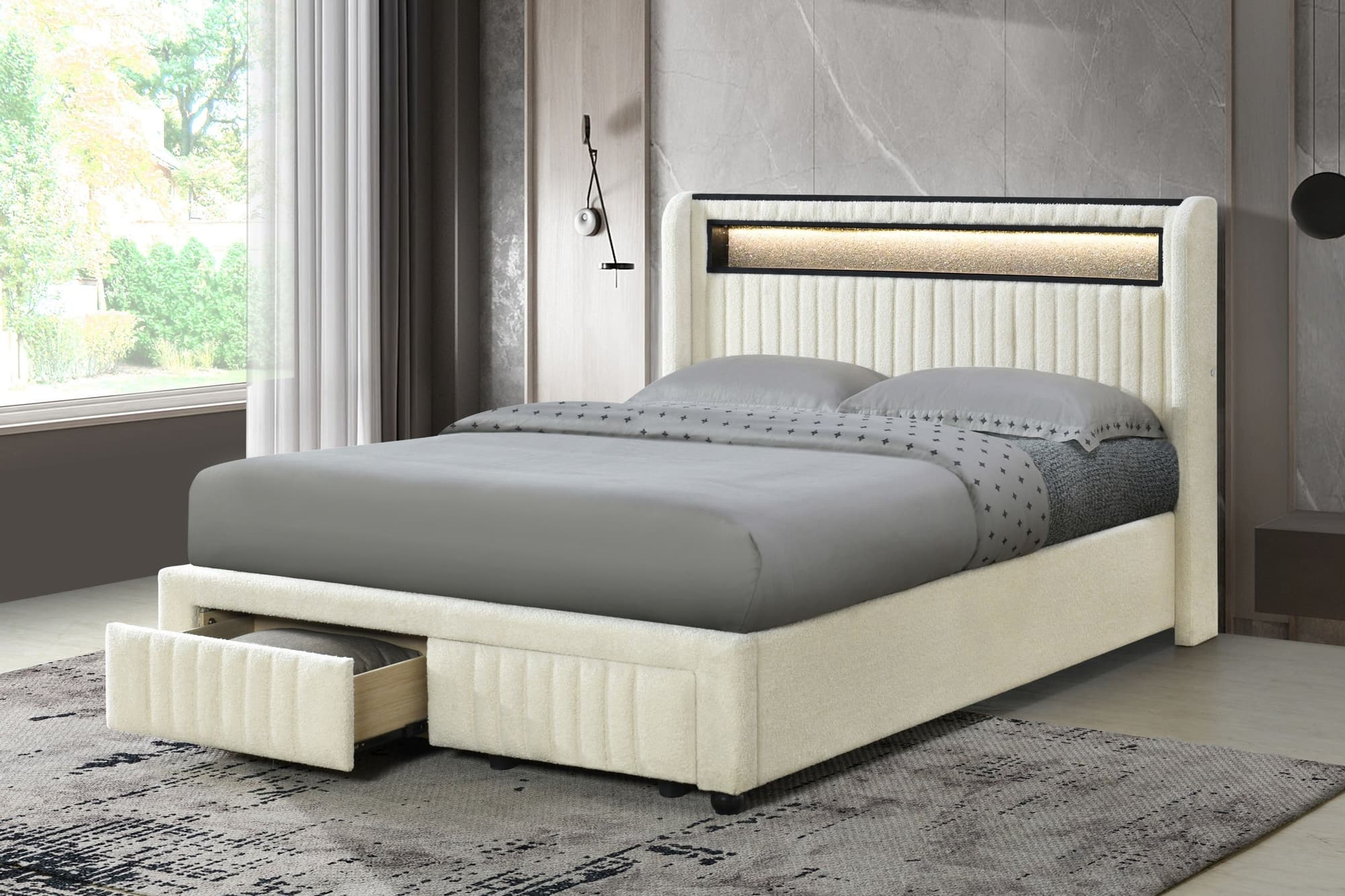 Cupid Beige Upholstered LED Storage Platform Twin Bed - Image 1