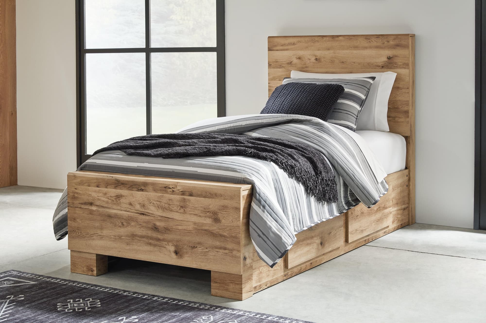 Hyanna Tan Brown Twin Panel Bed With 1 Side Storage - Image 1