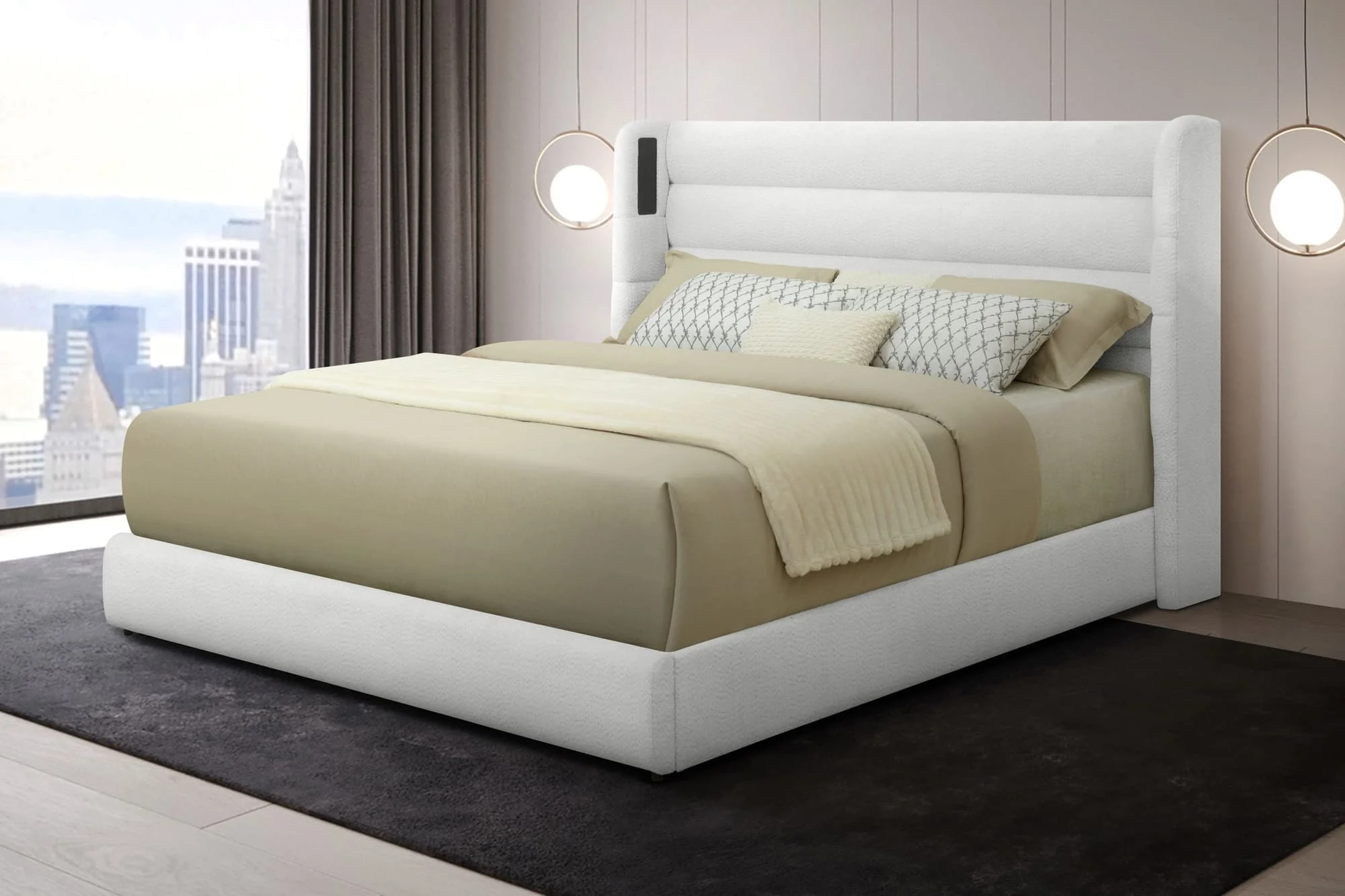 Hero White Upholstered Bluetooth Speaker Platform King Bed - Image 1