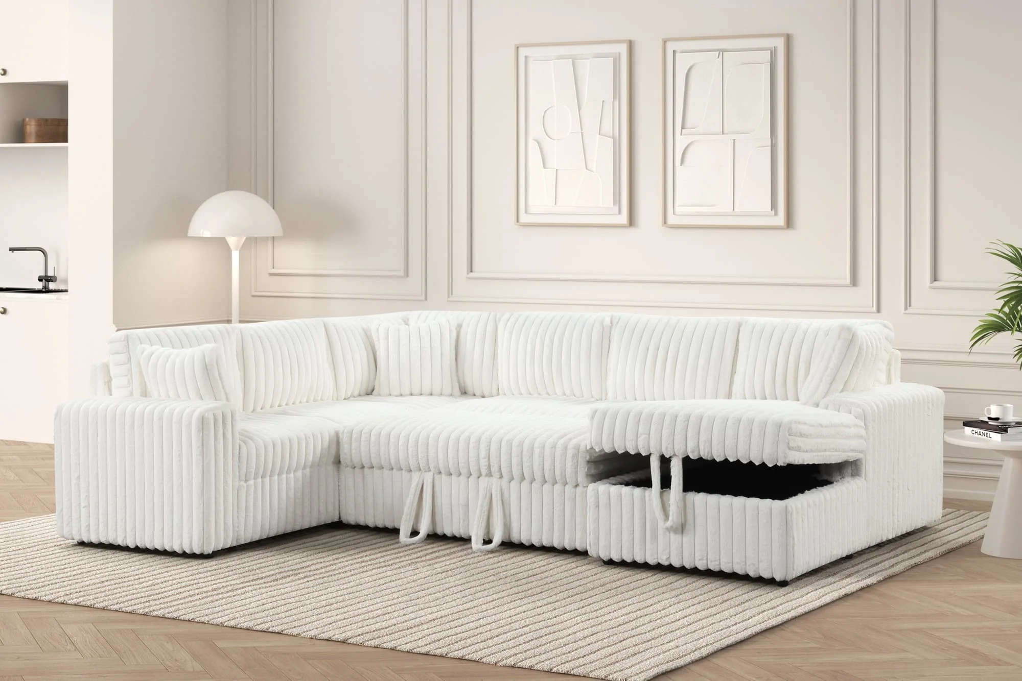 Forever Beige Fabric Sectional With Pull-Out Bed