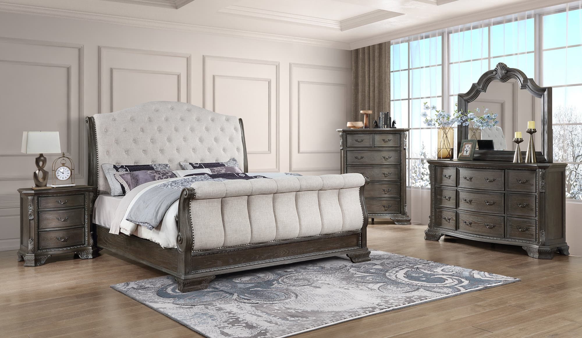 Sheffield Gray Upholstered Sleigh Bedroom Set - Image 1
