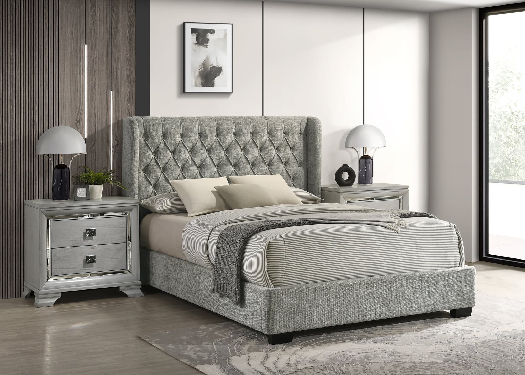 Daphne Light Gray Upholstered Tufted Panel Queen Bed - Image 1