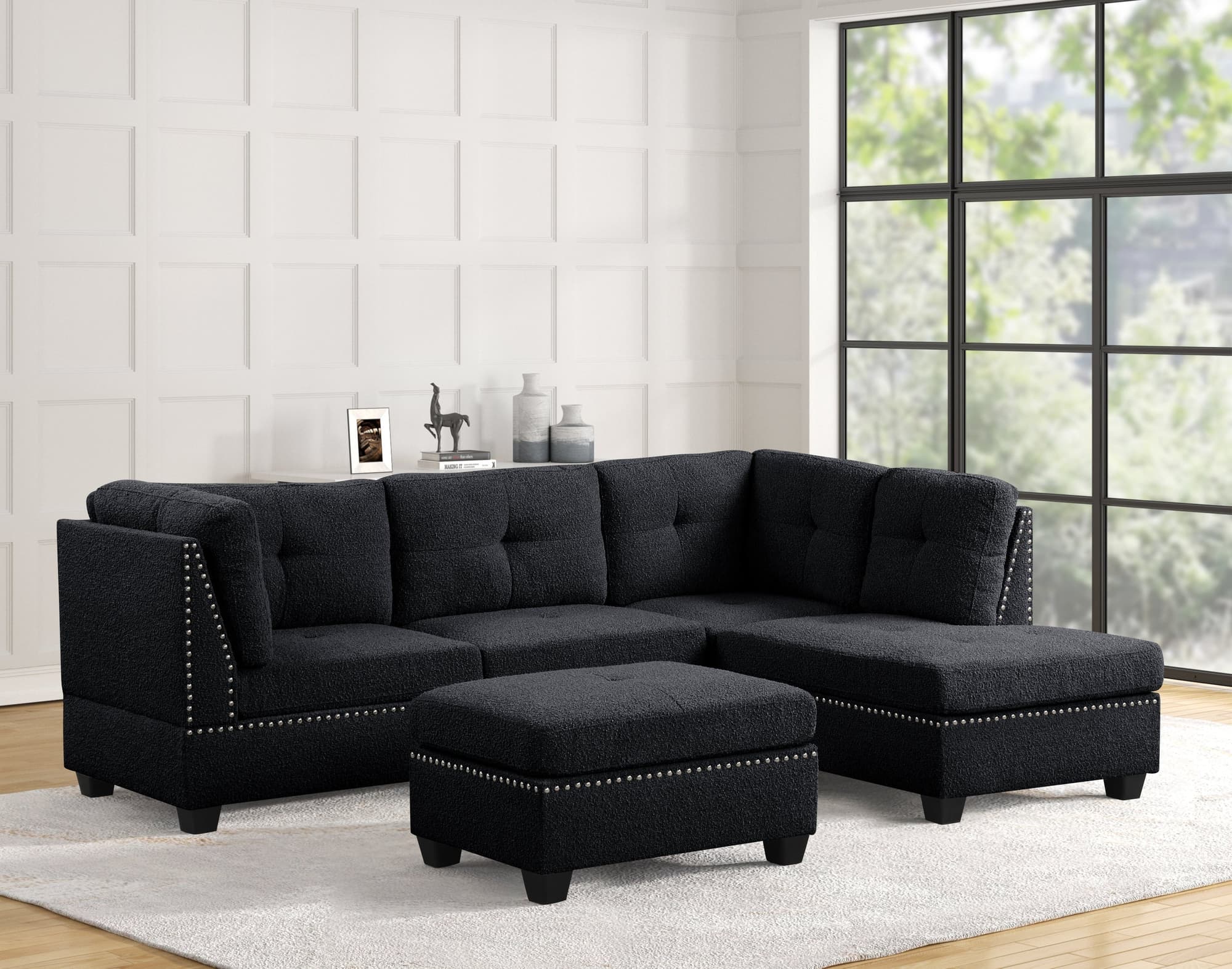 Sienna Boucle Black Sectional + Ottoman Set - Image 1